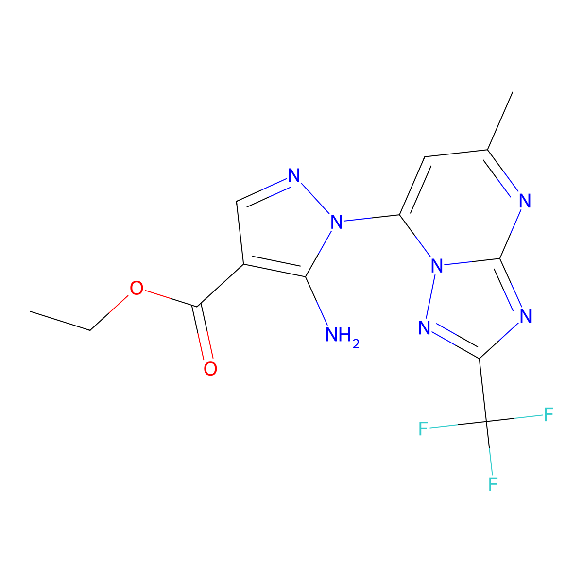 ethyl 5-amino-1-(5-methyl-2-(trifluoromethyl)-[1,2,4]triazolo[1,5-a]pyrimidin-7-yl)-1H-pyrazole-4-carboxylate molecular structure, CAS 1134723-54-8