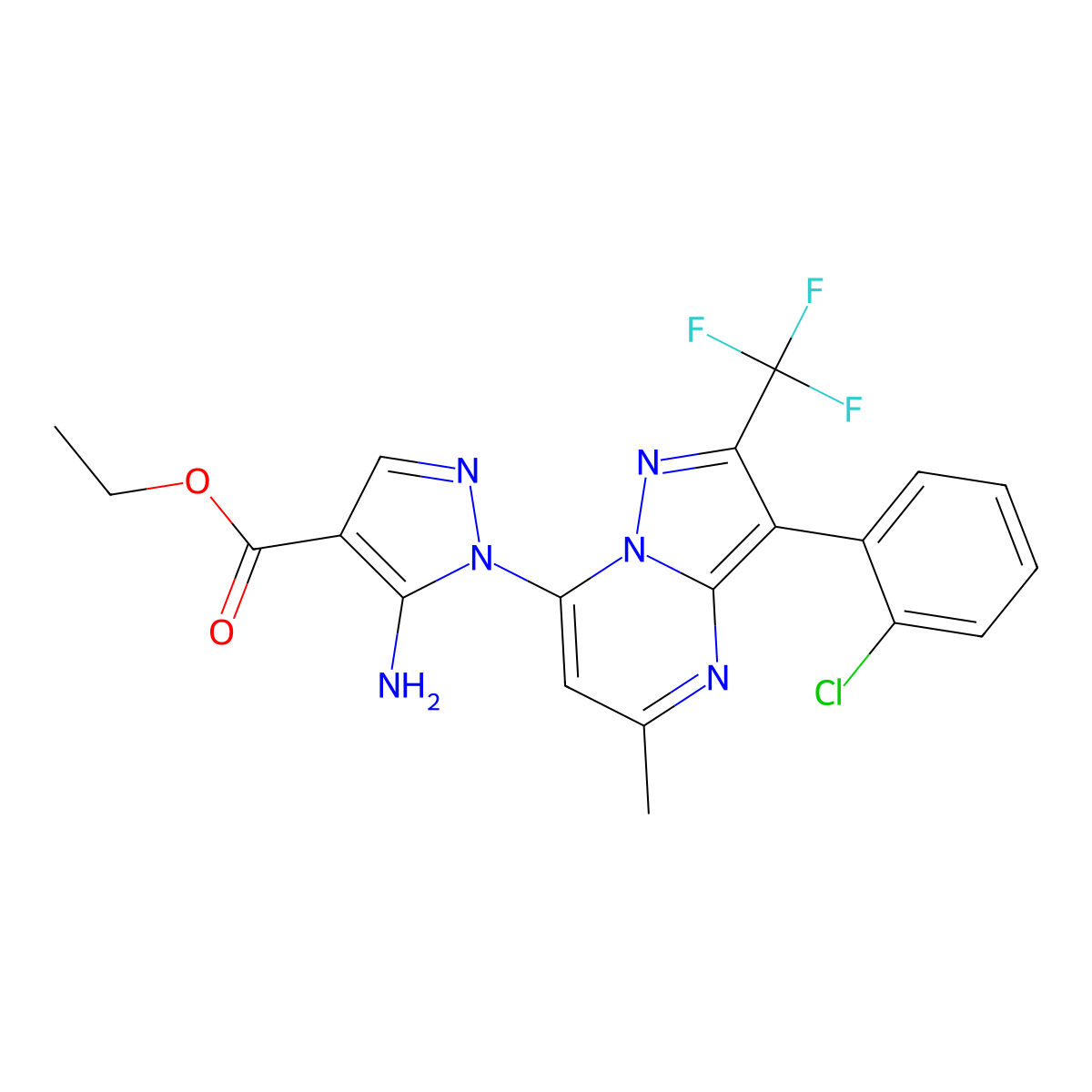 ethyl 5-amino-1-[3-(2-chlorophenyl)-5-methyl-2-(trifluoromethyl)pyrazolo[1,5-a]pyrimidin-7-yl]-1H-pyrazole-4-carboxylate molecular structure, CAS 1134732-17-4