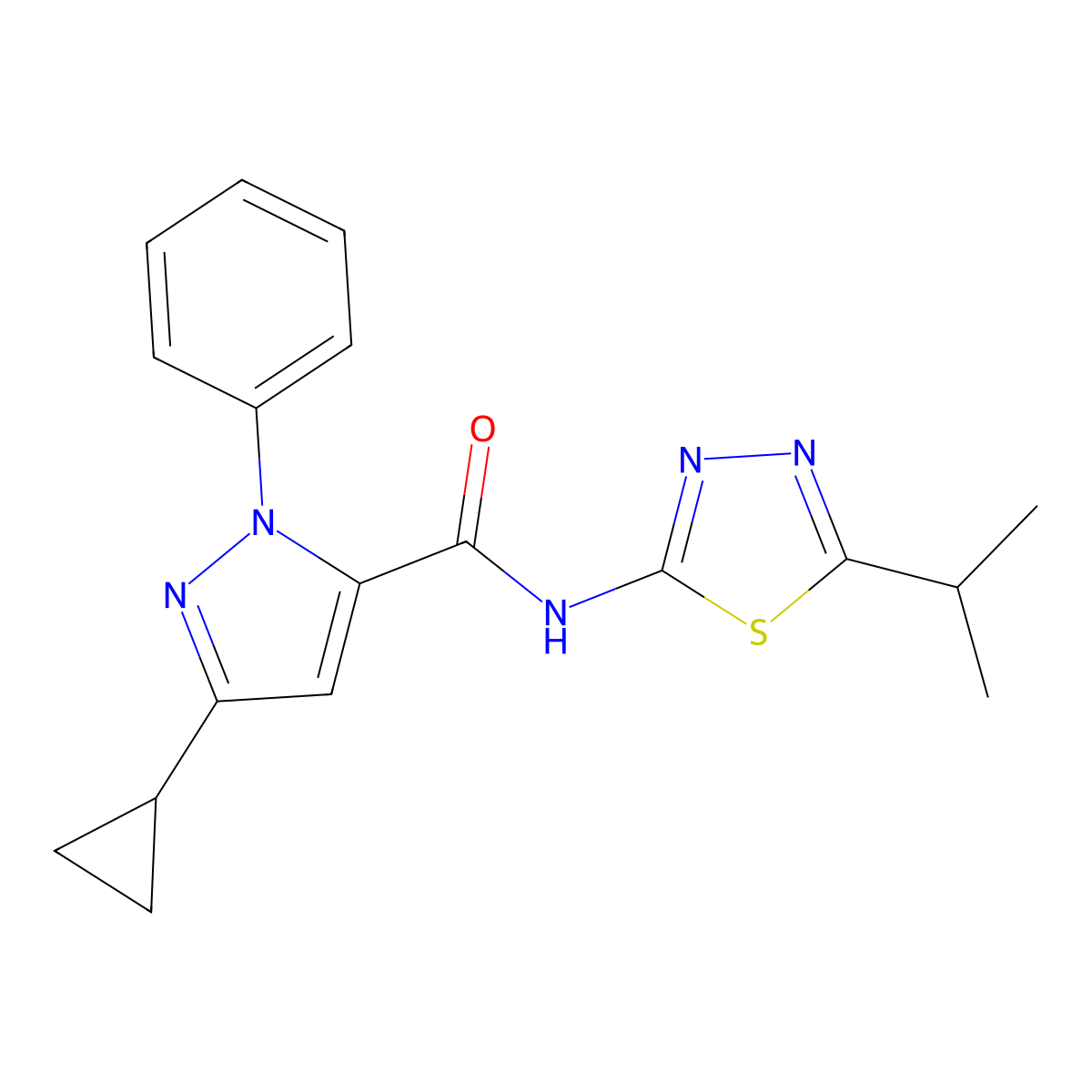 3-cyclopropyl-1-phenyl-N-[5-(propan-2-yl)-1,3,4-thiadiazol-2-yl]-1H-pyrazole-5-carboxamide molecular structure, CAS 1134742-06-5