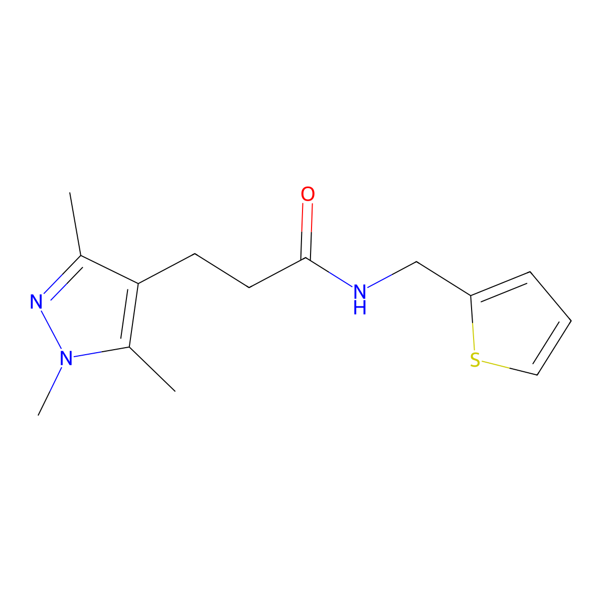N-[(thiophen-2-yl)methyl]-3-(1,3,5-trimethyl-1H-pyrazol-4-yl)propanamide molecular structure, CAS 1134999-87-3