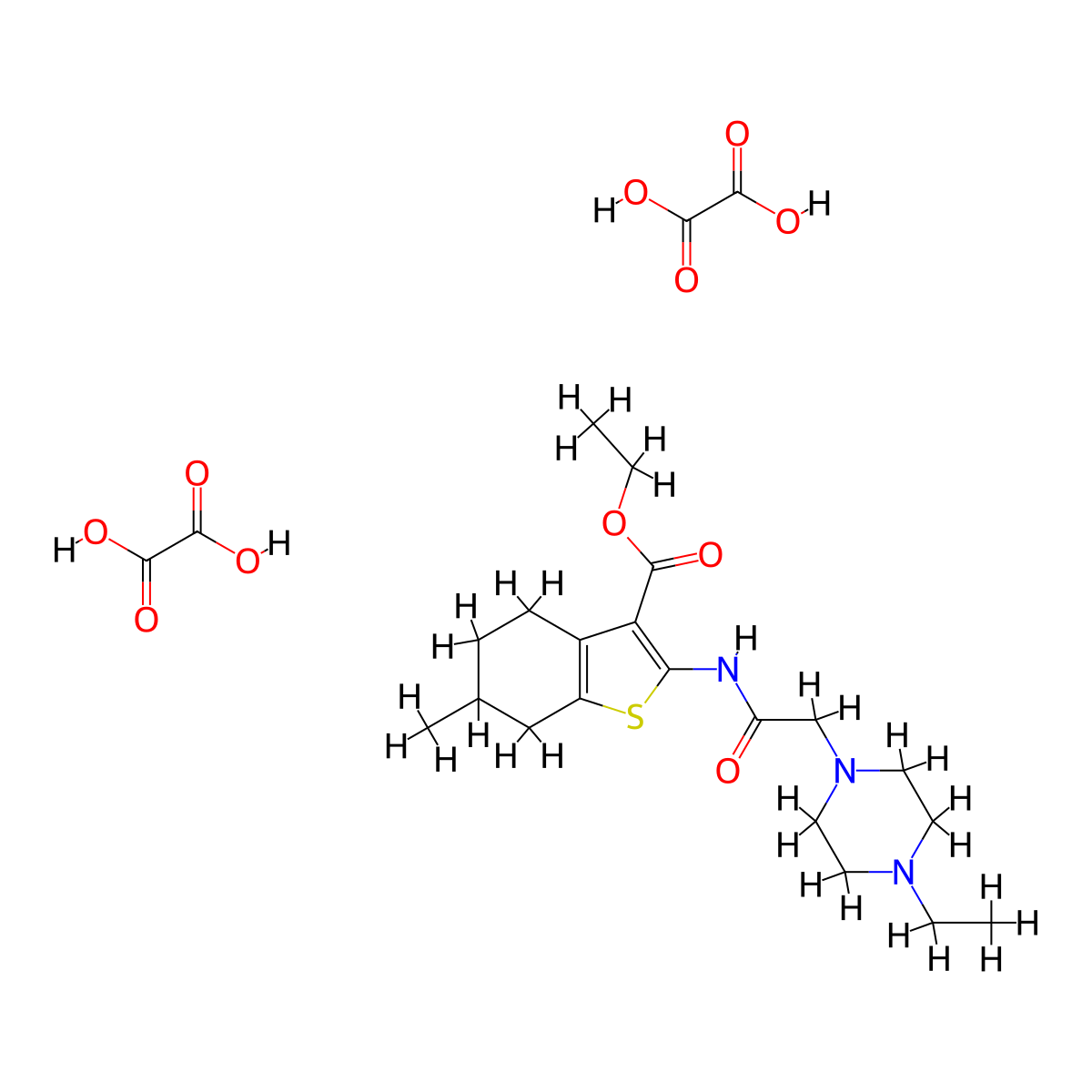 Ethyl 2-(2-(4-ethylpiperazin-1-yl)acetamido)-6-methyl-4,5,6,7-tetrahydrobenzo[b]thiophene-3-carboxylate dioxalate molecular structure, CAS 1135017-58-1