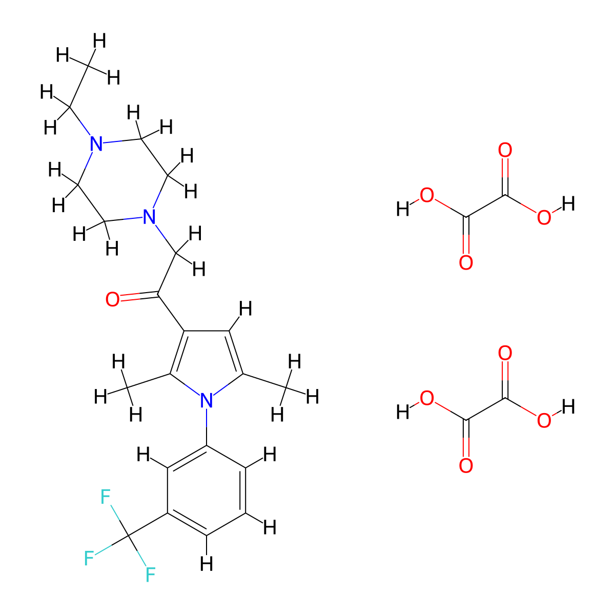1-{2,5-dimethyl-1-[3-(trifluoromethyl)phenyl]-1H-pyrrol-3-yl}-2-(4-ethylpiperazin-1-yl)ethan-1-one; bis(oxalic acid) molecular structure, CAS 1135019-03-2