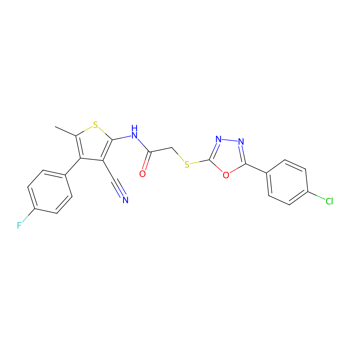 2-[[5-(4-chlorophenyl)-1,3,4-oxadiazol-2-yl]sulfanyl]-N-[3-cyano-4-(4-fluorophenyl)-5-methylthiophen-2-yl]acetamide molecular structure, CAS 1135023-19-6
