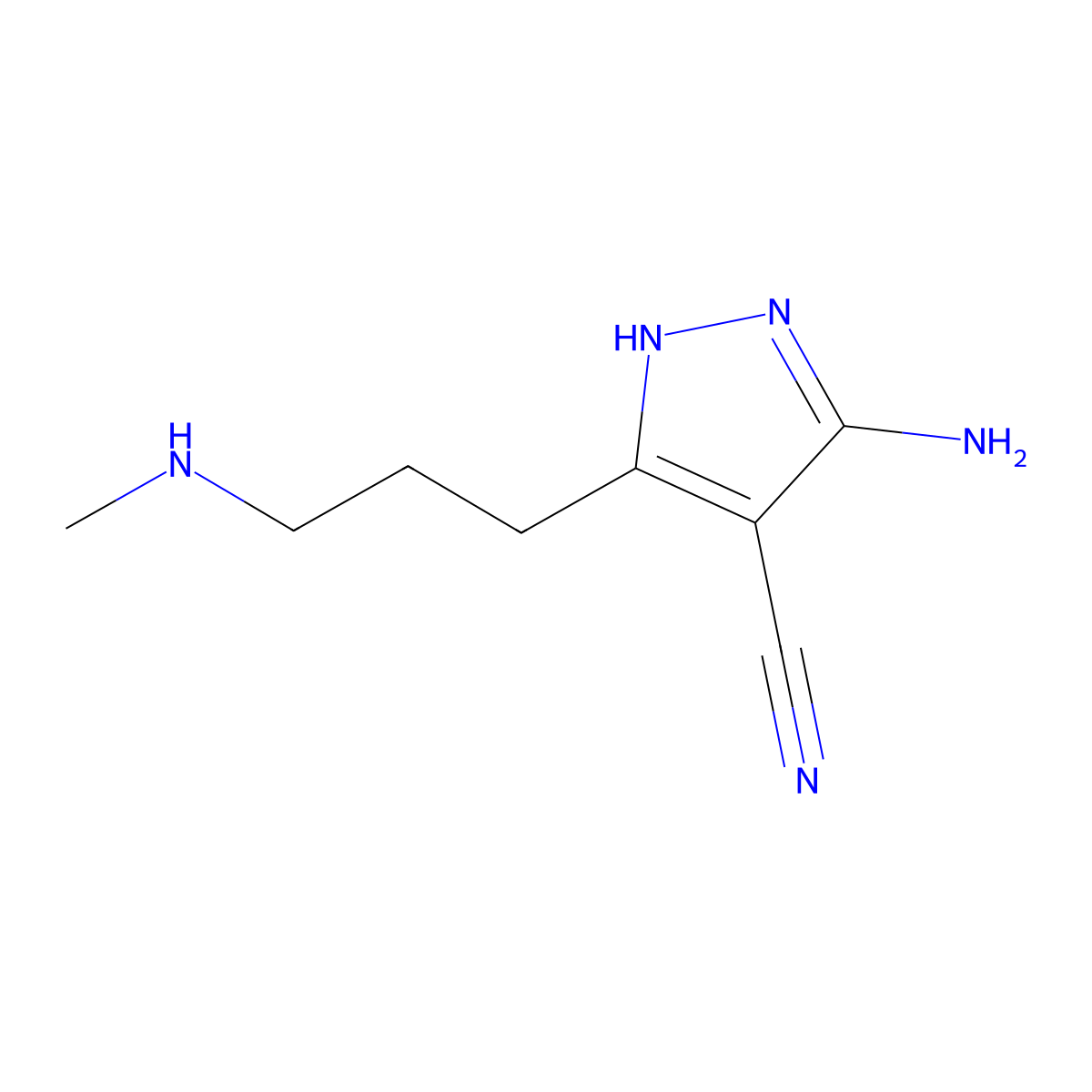 3-Amino-5-(3-(methylamino)propyl)-1H-pyrazole-4-carbonitrile molecular structure, CAS 113513-30-7