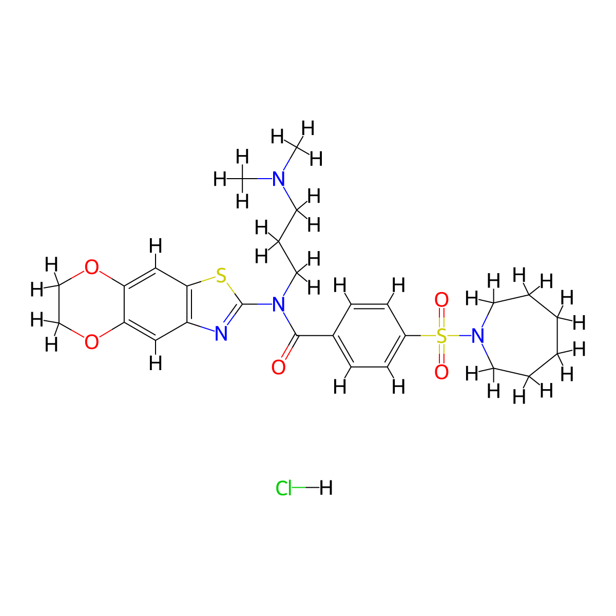4-(azepane-1-sulfonyl)-N-[3-(dimethylamino)propyl]-N-{10,13-dioxa-4-thia-6-azatricyclo[7.4.0.0^{3,7}]trideca-1,3(7),5,8-tetraen-5-yl}benzamide hydrochloride molecular structure, CAS 1135131-00-8