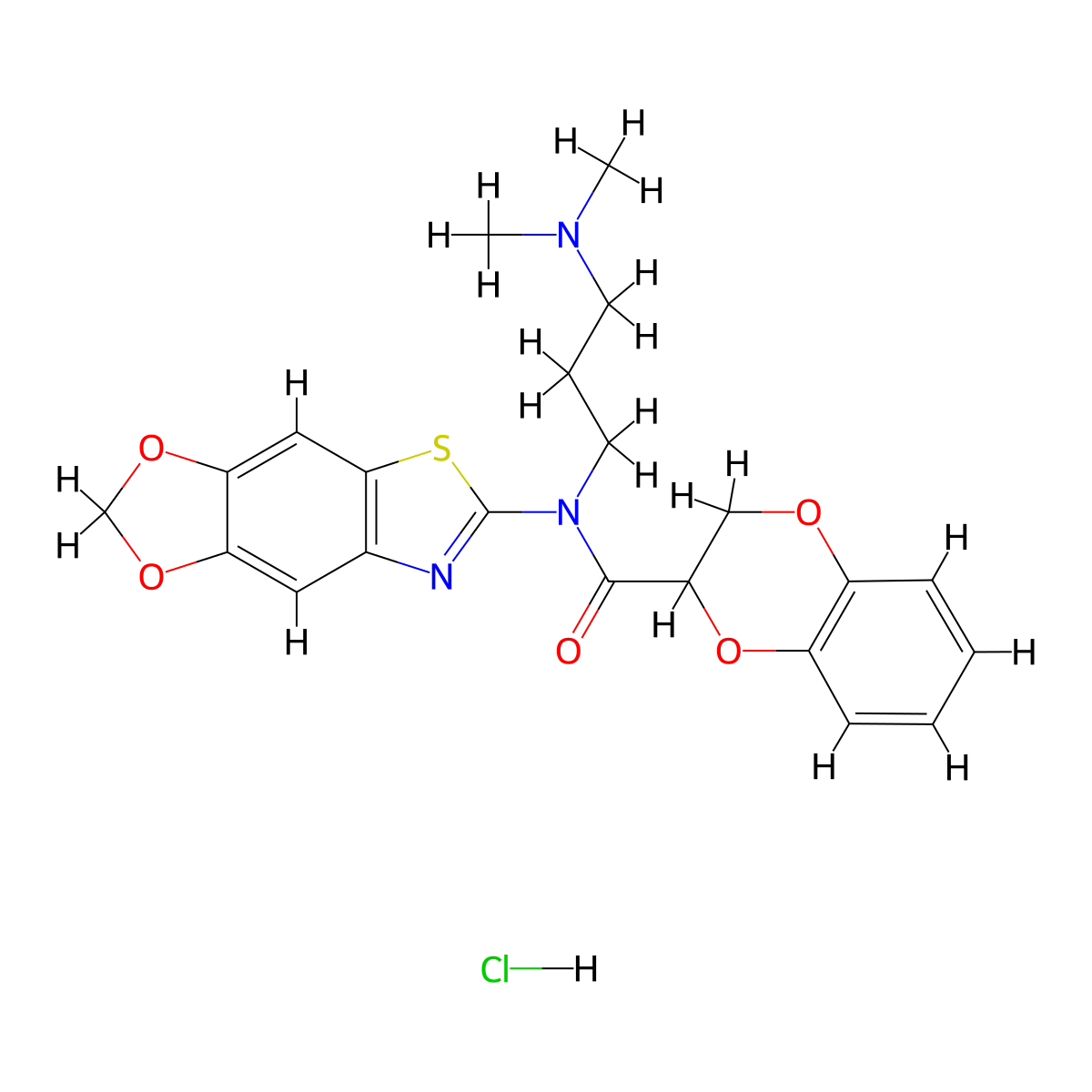 N-[3-(dimethylamino)propyl]-N-{4,6-dioxa-10-thia-12-azatricyclo[7.3.0.0^{3,7}]dodeca-1(9),2,7,11-tetraen-11-yl}-2,3-dihydro-1,4-benzodioxine-2-carboxamide hydrochloride molecular structure, CAS 1135132-49-8