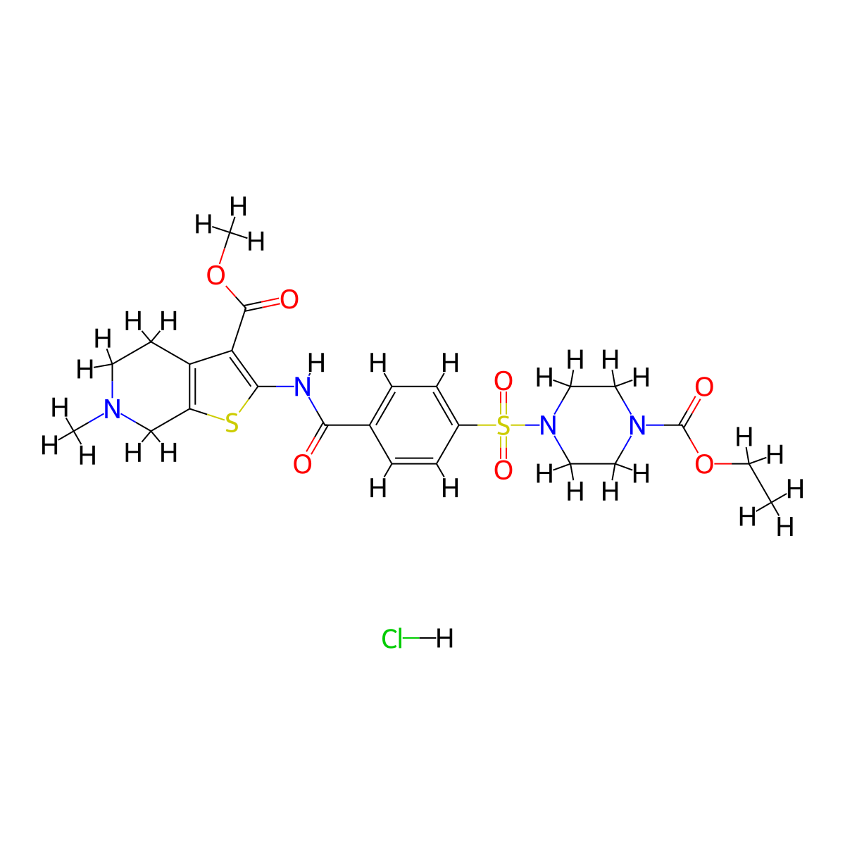 ethyl 4-(4-{[3-(methoxycarbonyl)-6-methyl-4H,5H,6H,7H-thieno[2,3-c]pyridin-2-yl]carbamoyl}benzenesulfonyl)piperazine-1-carboxylate hydrochloride molecular structure, CAS 1135136-10-5