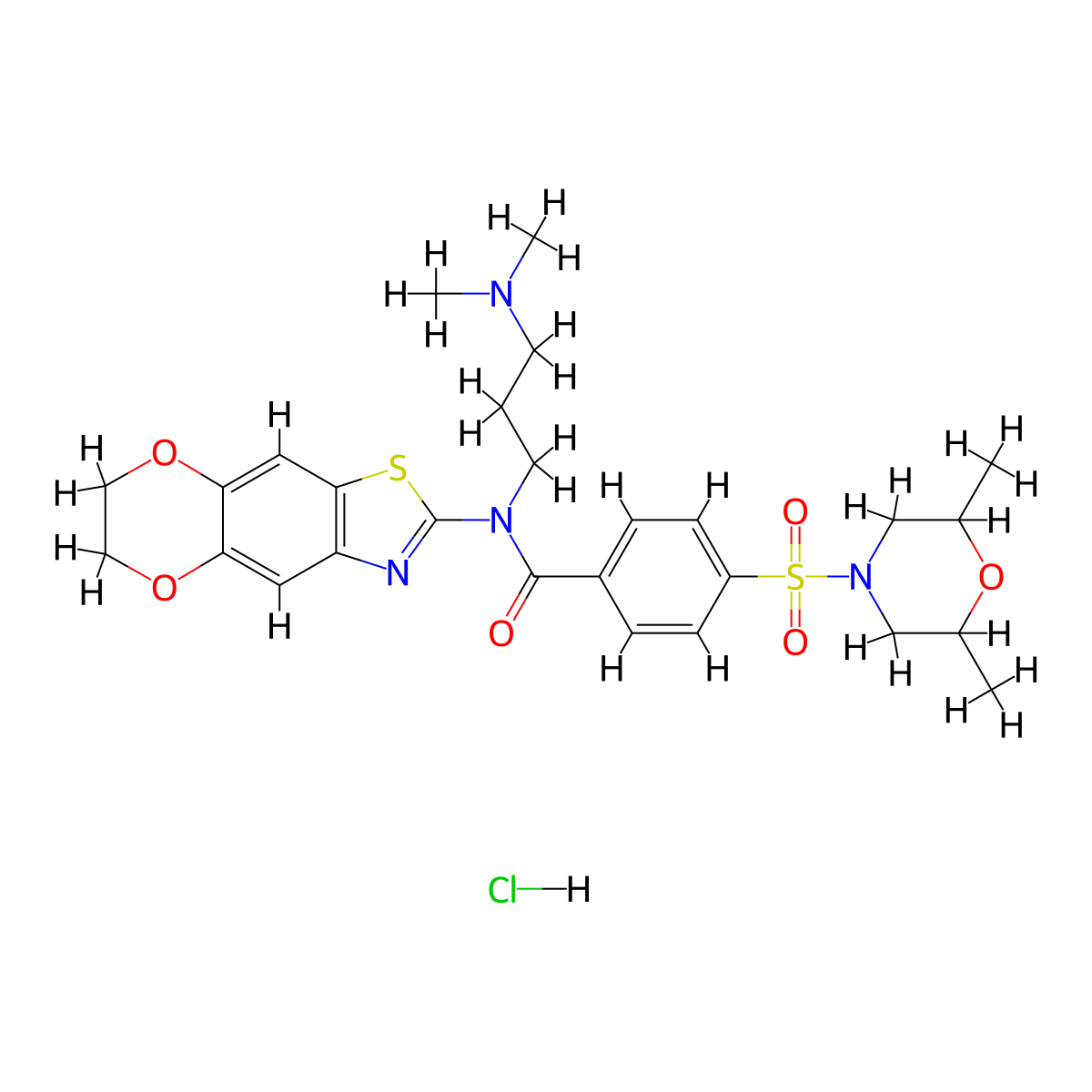 N-[3-(dimethylamino)propyl]-4-[(2,6-dimethylmorpholin-4-yl)sulfonyl]-N-{10,13-dioxa-4-thia-6-azatricyclo[7.4.0.0^{3,7}]trideca-1,3(7),5,8-tetraen-5-yl}benzamide hydrochloride molecular structure, CAS 1135140-75-8