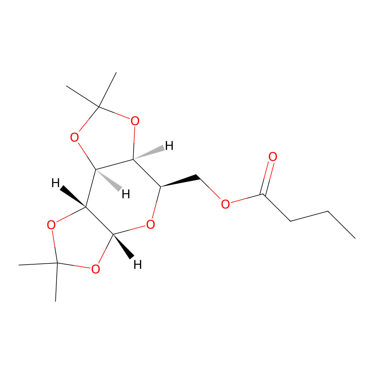 ((3aR,5R,5aS,8aS,8bR)-2,2,7,7-tetramethyltetrahydro-3aH-bis([1,3]dioxolo)[4,5-b:4',5'-d]pyran-5-yl)methyl butyrate molecular structure, CAS 113516-76-0