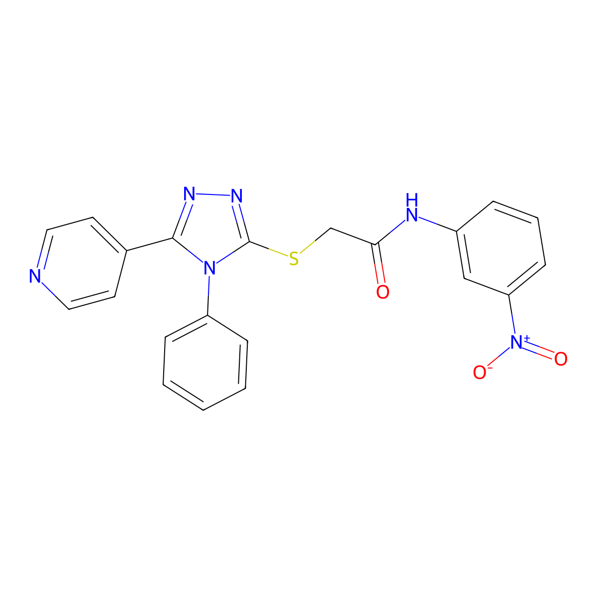 Acetamide, N-(3-nitrophenyl)-2-((1-phenyl-5-(4-pyridinyl)-1H-1,3,4-triazol-2-yl)thio)- molecular structure, CAS 113518-52-8