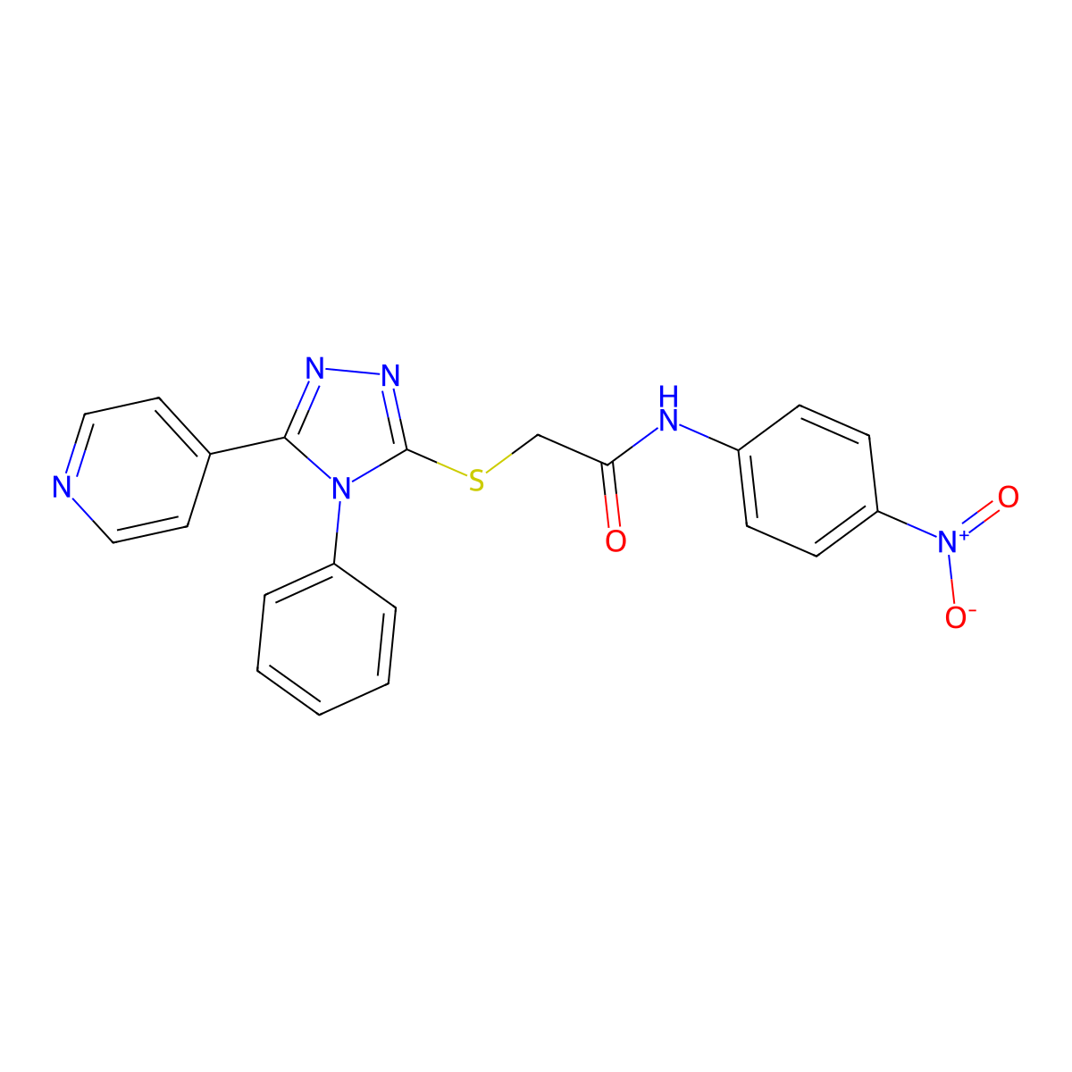 Acetamide, N-(4-nitrophenyl)-2-((1-phenyl-5-(4-pyridinyl)-1H-1,3,4-triazol-2-yl)thio)- molecular structure, CAS 113518-53-9