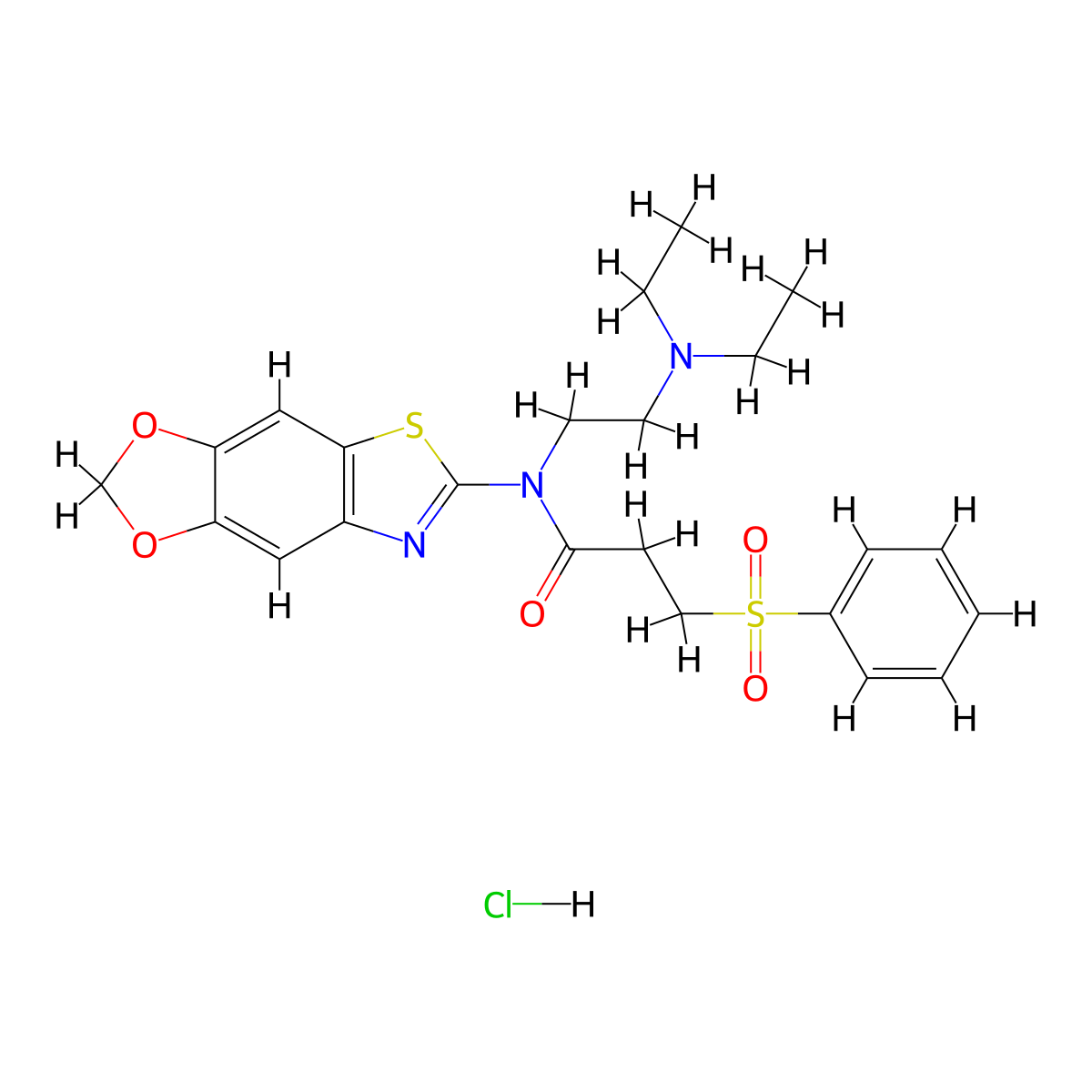 3-(benzenesulfonyl)-N-[2-(diethylamino)ethyl]-N-{4,6-dioxa-10-thia-12-azatricyclo[7.3.0.0^{3,7}]dodeca-1(9),2,7,11-tetraen-11-yl}propanamide hydrochloride molecular structure, CAS 1135195-71-9