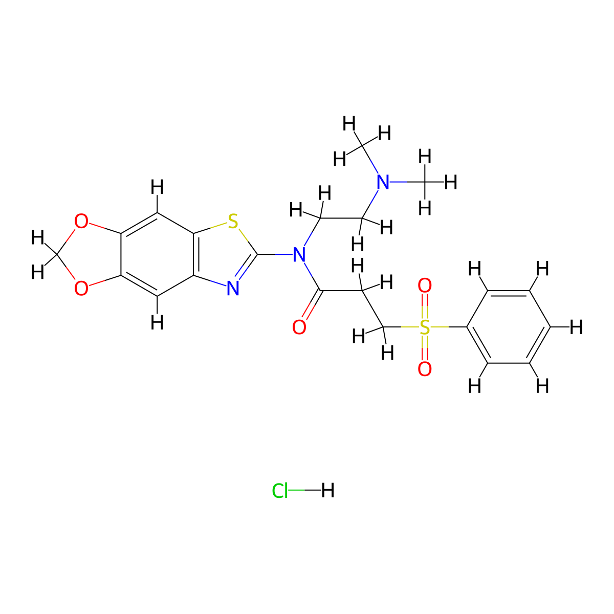 3-(benzenesulfonyl)-N-[2-(dimethylamino)ethyl]-N-{4,6-dioxa-10-thia-12-azatricyclo[7.3.0.0^{3,7}]dodeca-1(9),2,7,11-tetraen-11-yl}propanamide hydrochloride molecular structure, CAS 1135196-75-6