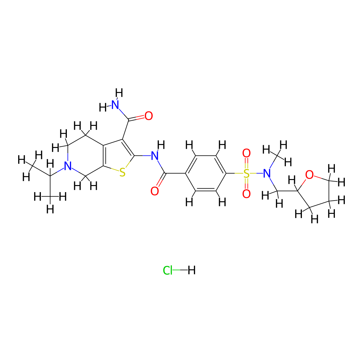 6-isopropyl-2-(4-(N-methyl-N-((tetrahydrofuran-2-yl)methyl)sulfamoyl)benzamido)-4,5,6,7-tetrahydrothieno[2,3-c]pyridine-3-carboxamide hydrochloride molecular structure, CAS 1135199-25-5