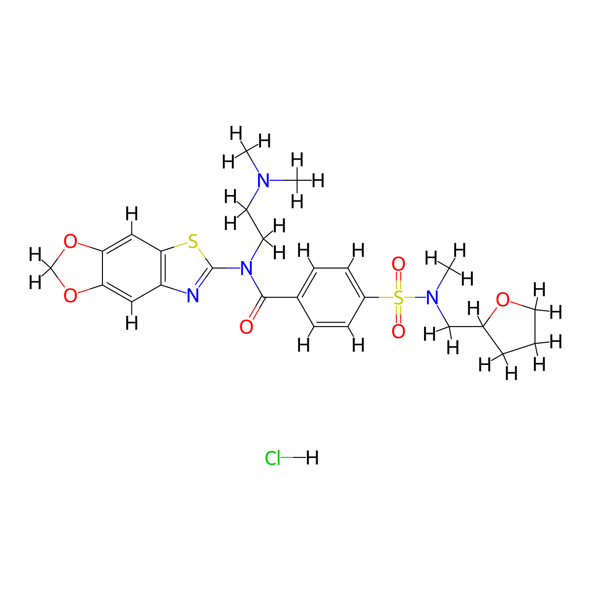 N-[2-(dimethylamino)ethyl]-N-{4,6-dioxa-10-thia-12-azatricyclo[7.3.0.0^{3,7}]dodeca-1(9),2,7,11-tetraen-11-yl}-4-{methyl[(oxolan-2-yl)methyl]sulfamoyl}benzamide hydrochloride molecular structure, CAS 1135199-54-0