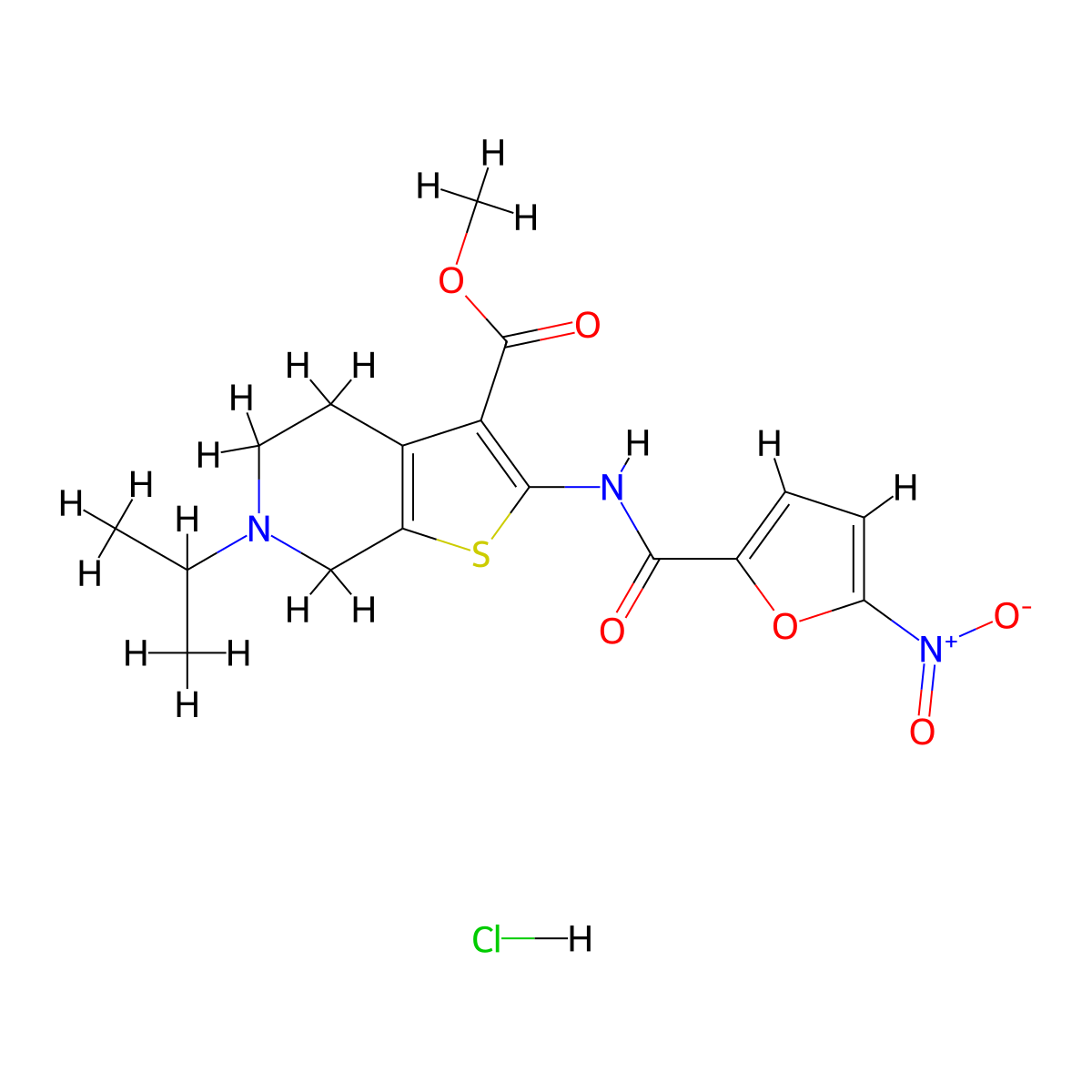 Methyl 6-isopropyl-2-(5-nitrofuran-2-carboxamido)-4,5,6,7-tetrahydrothieno[2,3-c]pyridine-3-carboxylate hydrochloride molecular structure, CAS 1135200-34-8