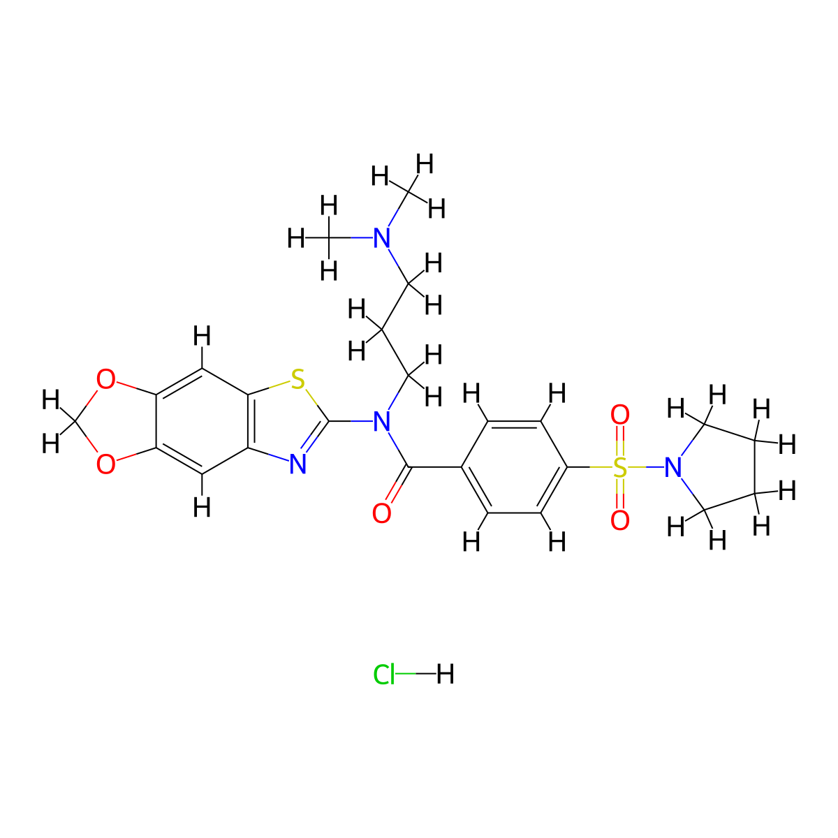 N-[3-(dimethylamino)propyl]-N-{4,6-dioxa-10-thia-12-azatricyclo[7.3.0.0^{3,7}]dodeca-1(9),2,7,11-tetraen-11-yl}-4-(pyrrolidine-1-sulfonyl)benzamide hydrochloride molecular structure, CAS 1135200-65-5