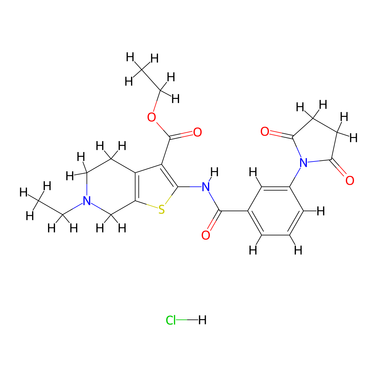 Ethyl 2-(3-(2,5-dioxopyrrolidin-1-yl)benzamido)-6-ethyl-4,5,6,7-tetrahydrothieno[2,3-c]pyridine-3-carboxylate hydrochloride molecular structure, CAS 1135200-67-7