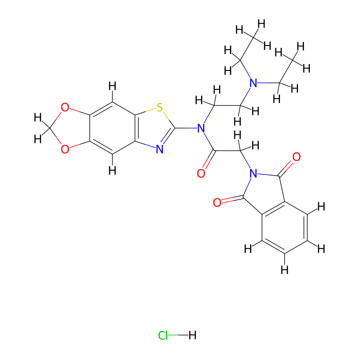 N-[2-(diethylamino)ethyl]-N-{4,6-dioxa-10-thia-12-azatricyclo[7.3.0.0^{3,7}]dodeca-1(9),2,7,11-tetraen-11-yl}-2-(1,3-dioxo-2,3-dihydro-1H-isoindol-2-yl)acetamide hydrochloride molecular structure, CAS 1135203-75-6