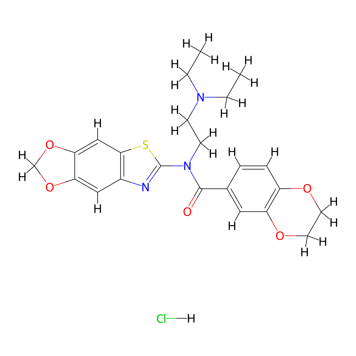N-[2-(diethylamino)ethyl]-N-{4,6-dioxa-10-thia-12-azatricyclo[7.3.0.0^{3,7}]dodeca-1(9),2,7,11-tetraen-11-yl}-2,3-dihydro-1,4-benzodioxine-6-carboxamide hydrochloride molecular structure, CAS 1135205-44-5