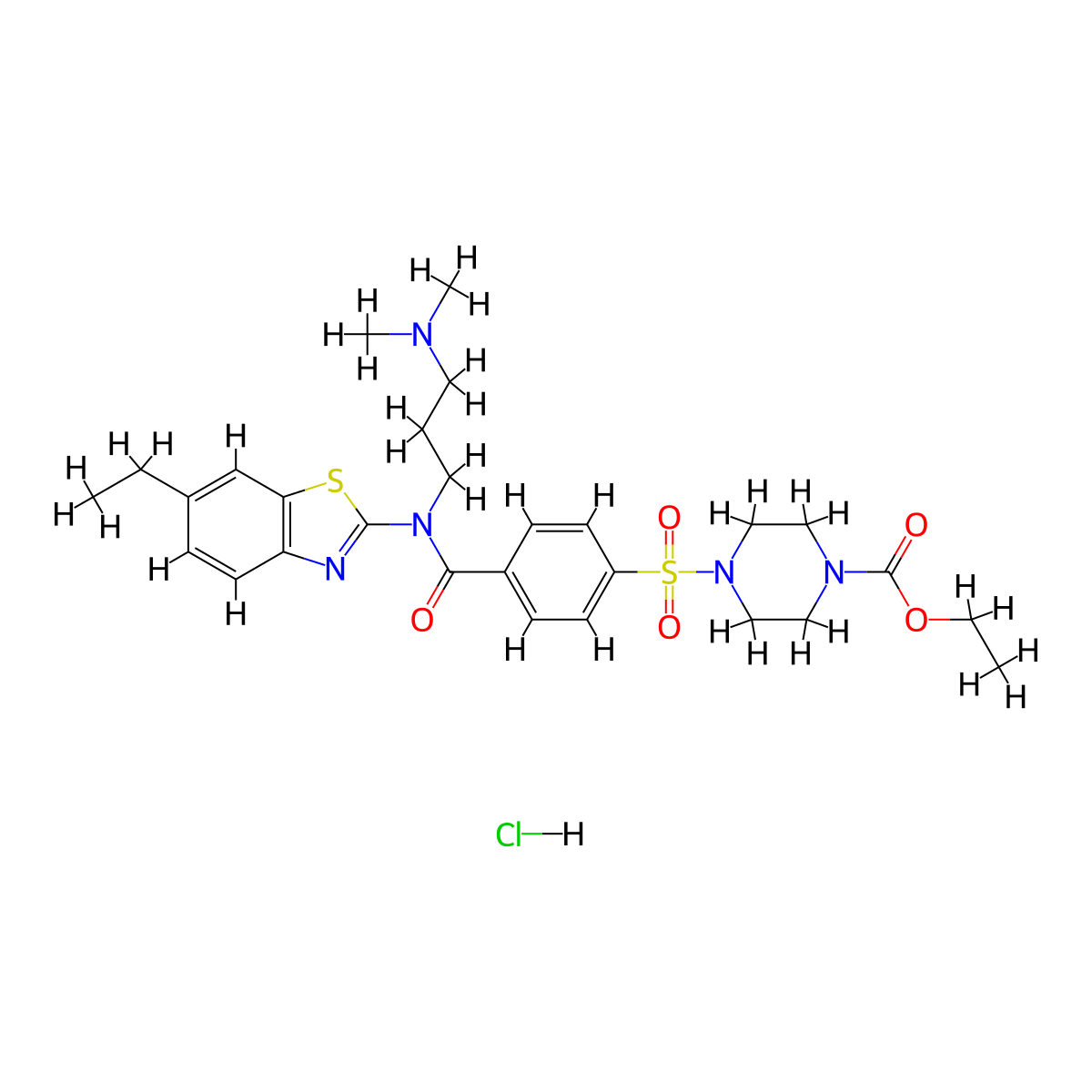 Ethyl 4-(4-{[3-(dimethylamino)propyl](6-ethyl-1,3-benzothiazol-2-YL)carbamoyl}benzenesulfonyl)piperazine-1-carboxylate hydrochloride molecular structure, CAS 1135208-68-2