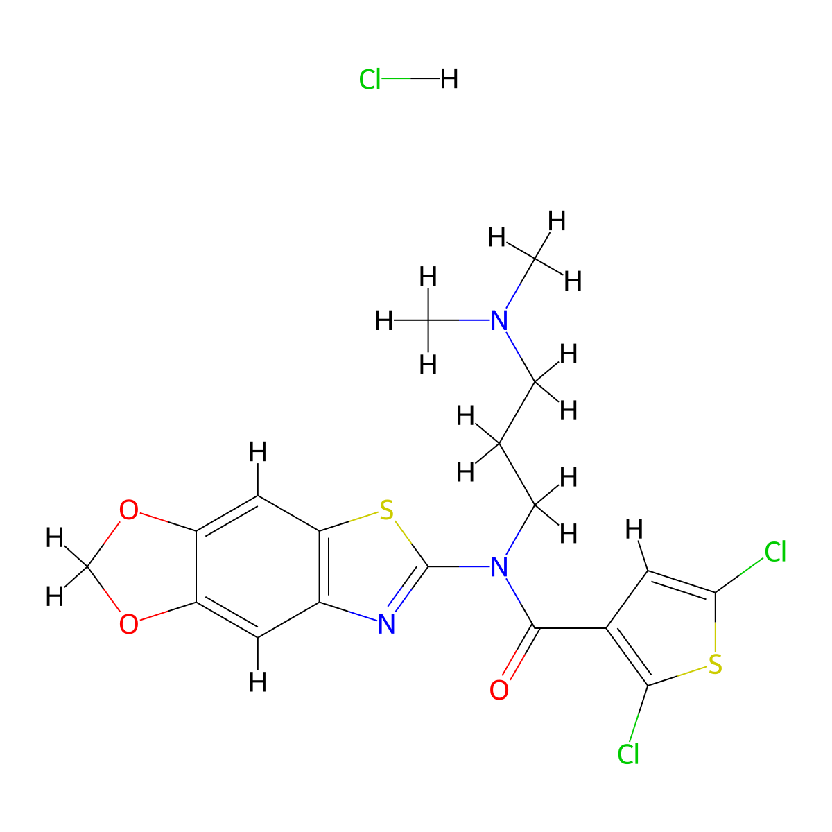 2,5-dichloro-N-[3-(dimethylamino)propyl]-N-{4,6-dioxa-10-thia-12-azatricyclo[7.3.0.0^{3,7}]dodeca-1(9),2,7,11-tetraen-11-yl}thiophene-3-carboxamide hydrochloride molecular structure, CAS 1135210-93-3