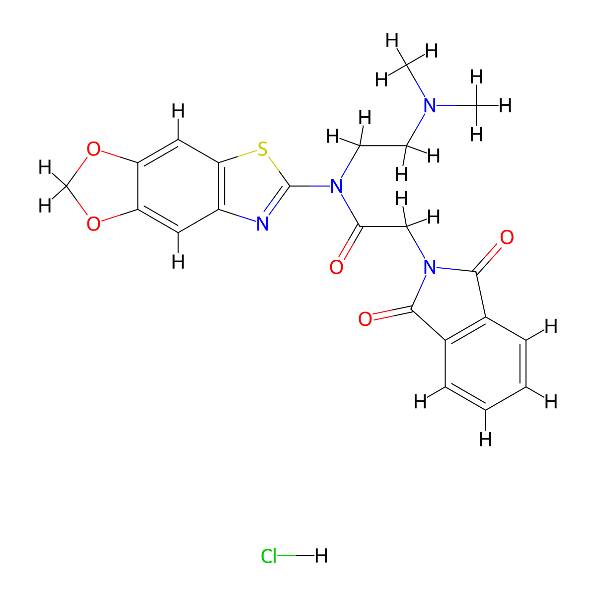 N-[2-(dimethylamino)ethyl]-N-{4,6-dioxa-10-thia-12-azatricyclo[7.3.0.0^{3,7}]dodeca-1(9),2,7,11-tetraen-11-yl}-2-(1,3-dioxo-2,3-dihydro-1H-isoindol-2-yl)acetamide hydrochloride molecular structure, CAS 1135214-37-7