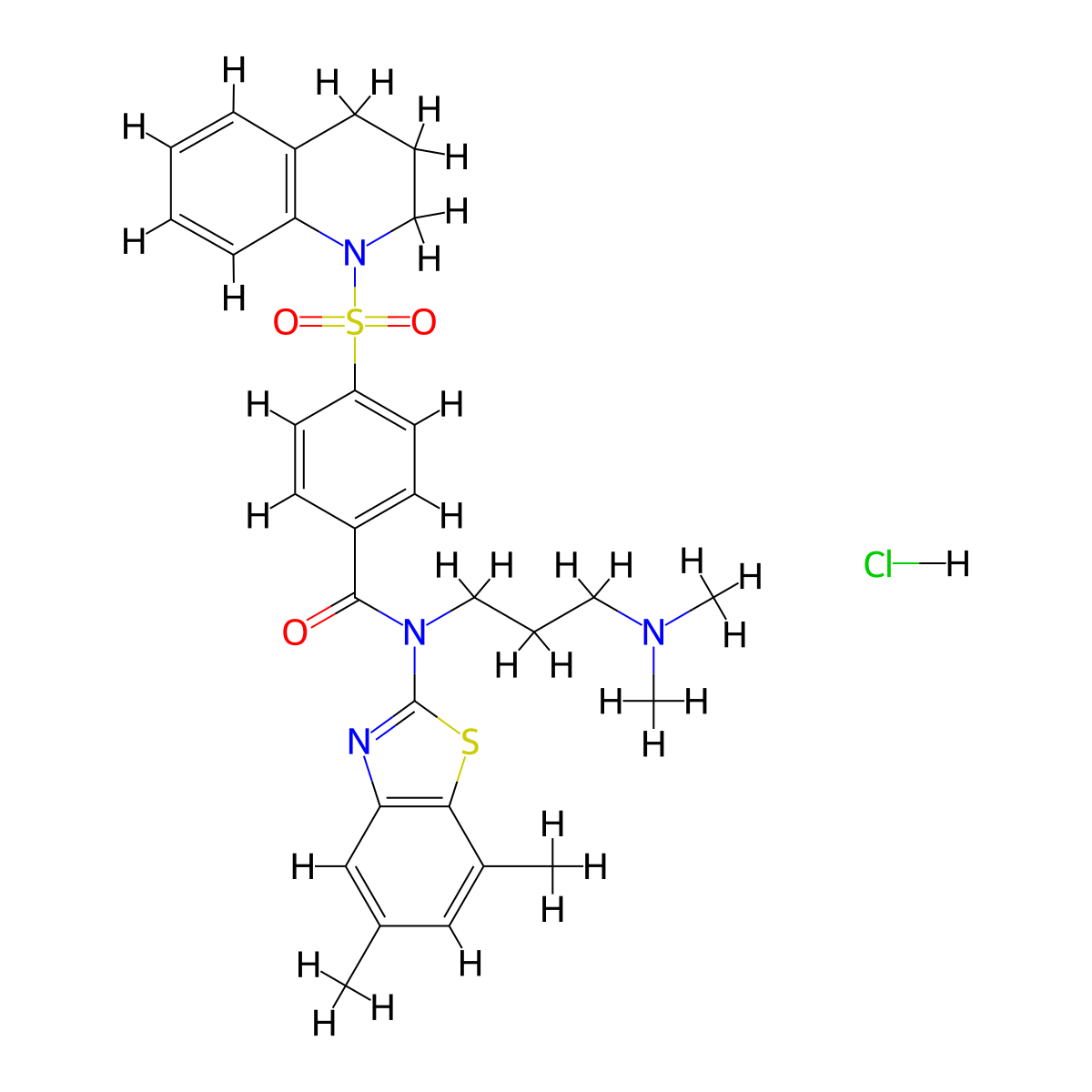 N-(5,7-dimethyl-1,3-benzothiazol-2-yl)-N-[3-(dimethylamino)propyl]-4-(1,2,3,4-tetrahydroquinoline-1-sulfonyl)benzamide hydrochloride molecular structure, CAS 1135220-82-4