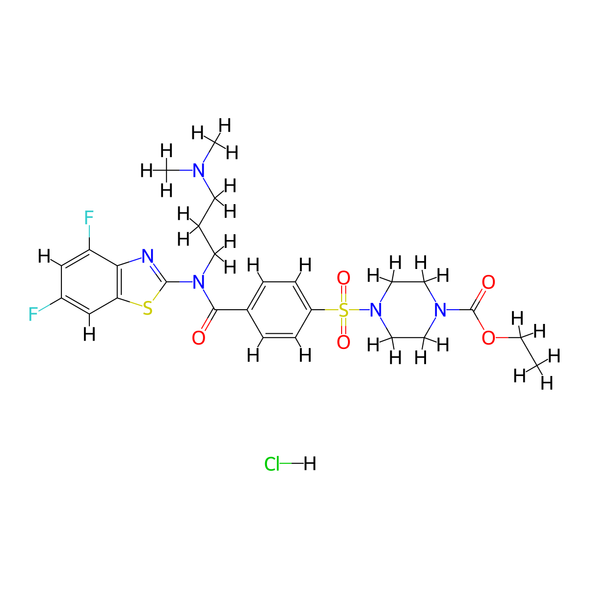Ethyl 4-{4-[(4,6-difluoro-1,3-benzothiazol-2-YL)[3-(dimethylamino)propyl]carbamoyl]benzenesulfonyl}piperazine-1-carboxylate hydrochloride molecular structure, CAS 1135221-73-6