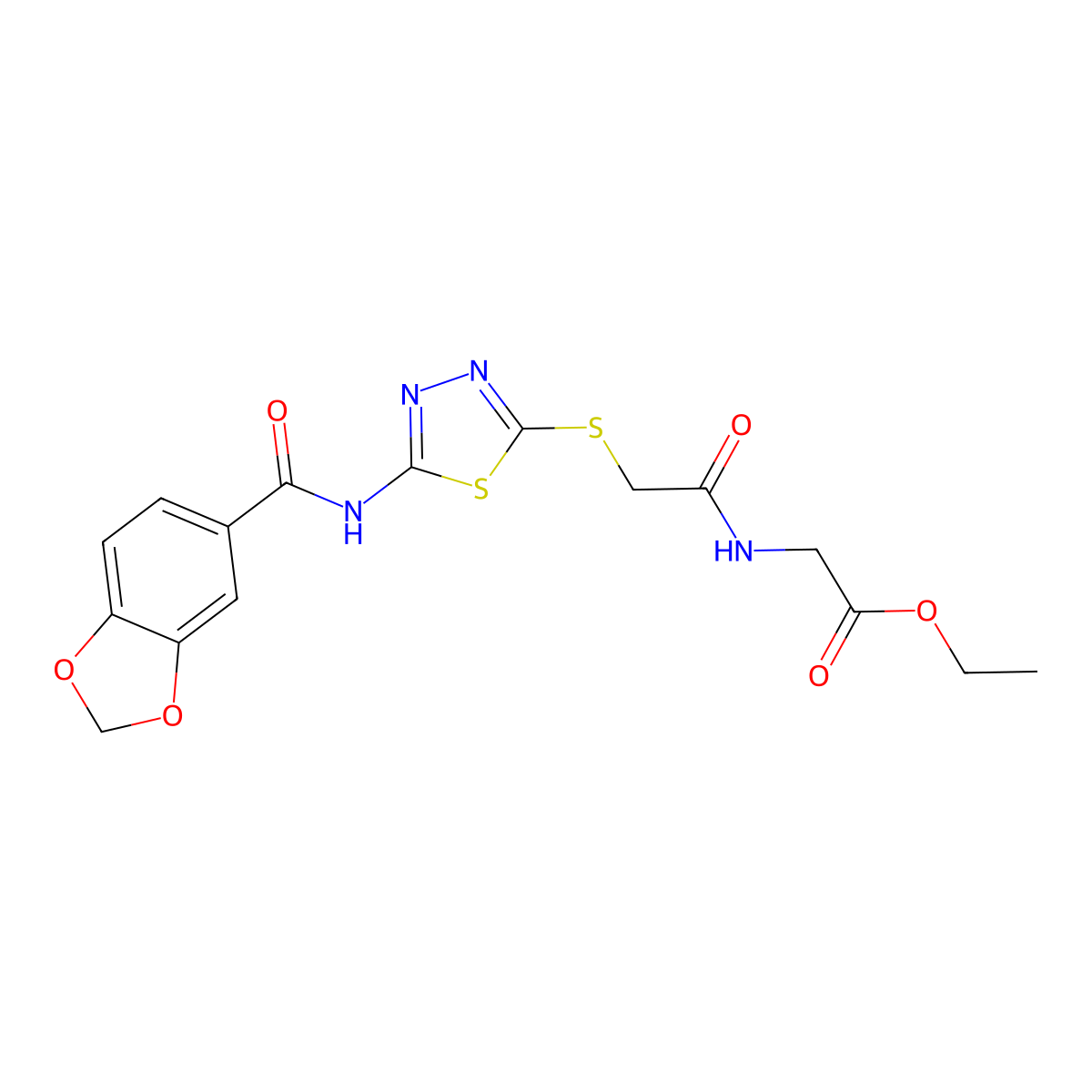 Ethyl 2-(2-((5-(benzo[d][1,3]dioxole-5-carboxamido)-1,3,4-thiadiazol-2-yl)thio)acetamido)acetate molecular structure, CAS 1135222-03-5