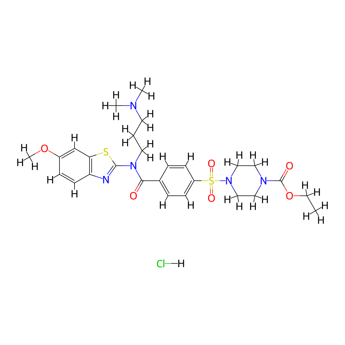 Ethyl 4-(4-{[3-(dimethylamino)propyl](6-methoxy-1,3-benzothiazol-2-YL)carbamoyl}benzenesulfonyl)piperazine-1-carboxylate hydrochloride molecular structure, CAS 1135223-26-5