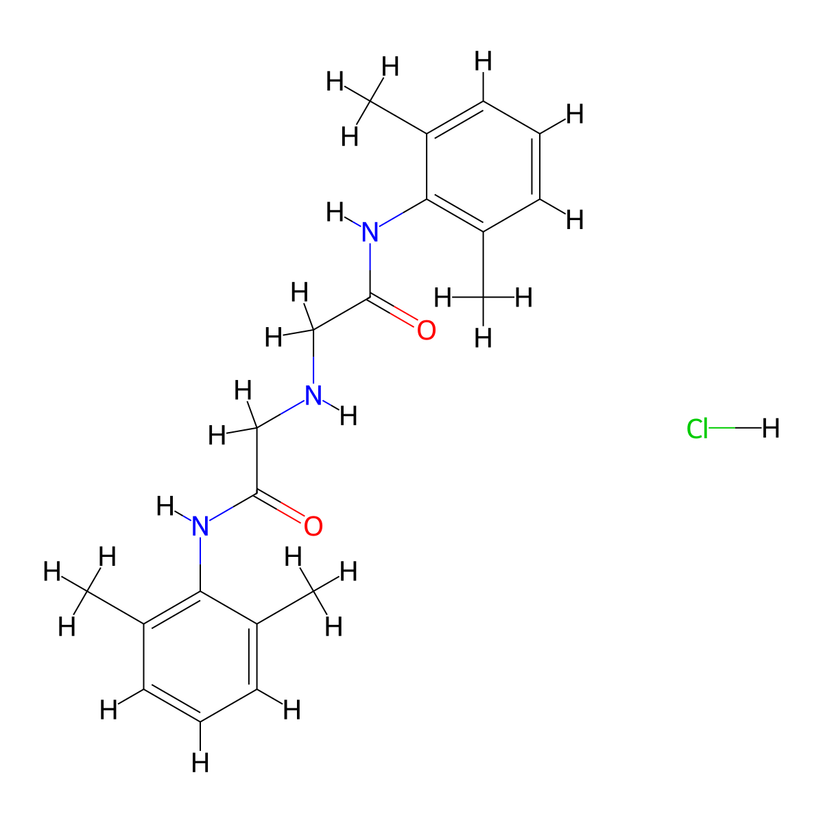 N-(2,6-dimethylphenyl)-2-((((2,6-dimethylphenyl)carbamoyl)methyl)amino)acetamide hydrochloride molecular structure, CAS 1135231-62-7