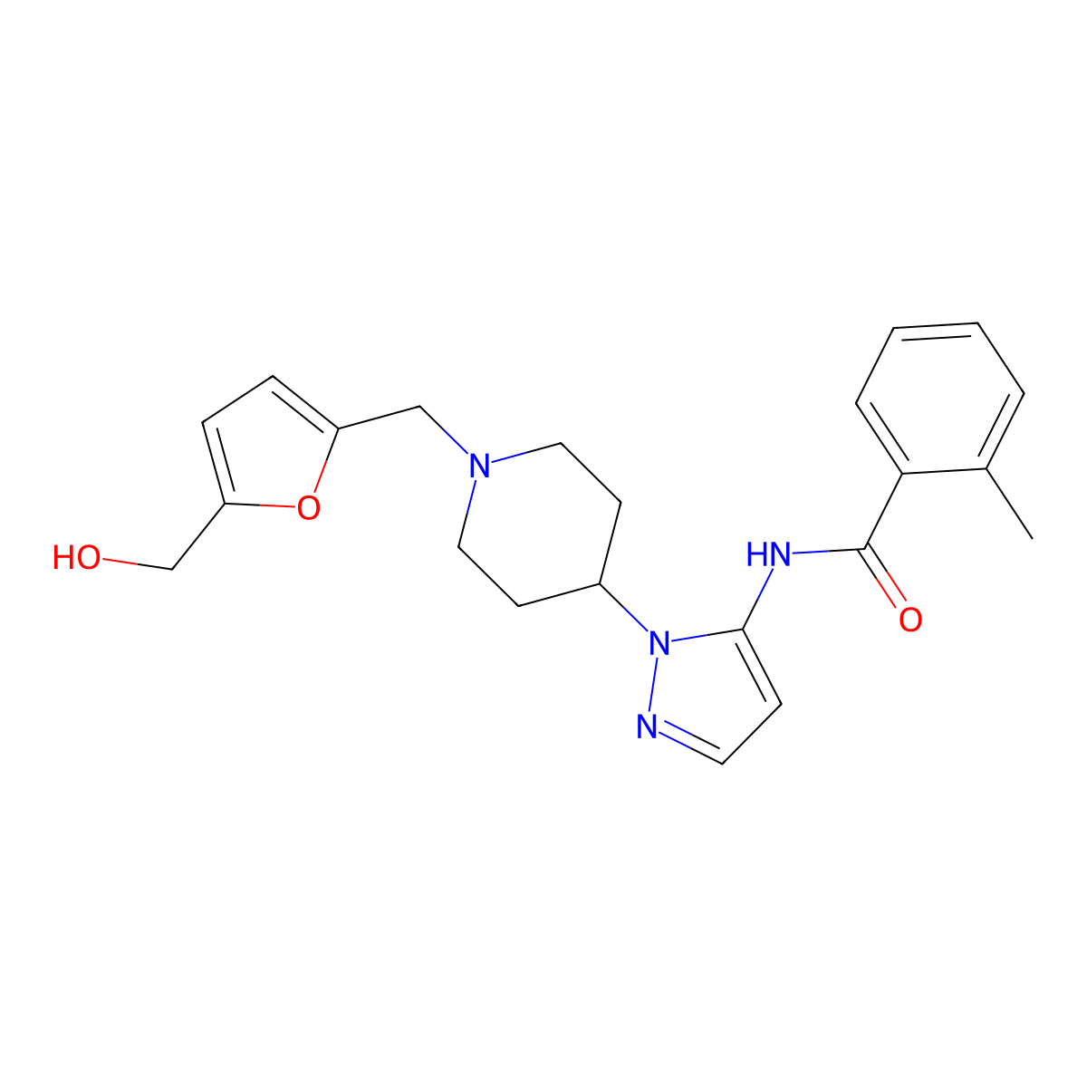 N-[1-(1-{[5-(hydroxymethyl)-2-furyl]methyl}-4-piperidinyl)-1H-pyrazol-5-yl]-2-methylbenzamide molecular structure, CAS 1135292-87-3