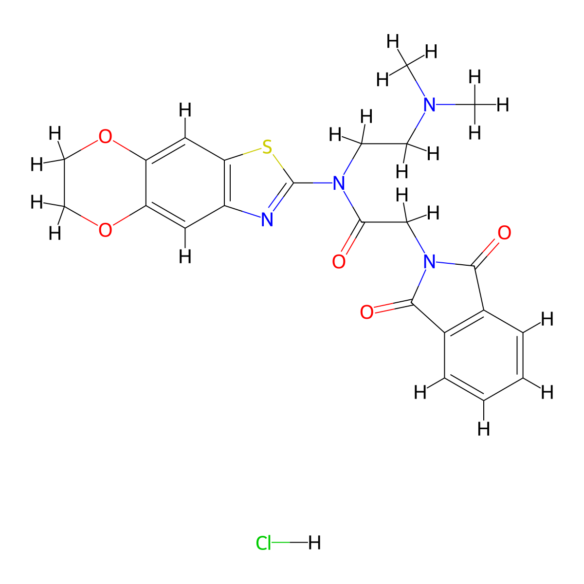 N-[2-(dimethylamino)ethyl]-N-{10,13-dioxa-4-thia-6-azatricyclo[7.4.0.0^{3,7}]trideca-1,3(7),5,8-tetraen-5-yl}-2-(1,3-dioxo-2,3-dihydro-1H-isoindol-2-yl)acetamide hydrochloride molecular structure, CAS 1135419-20-3