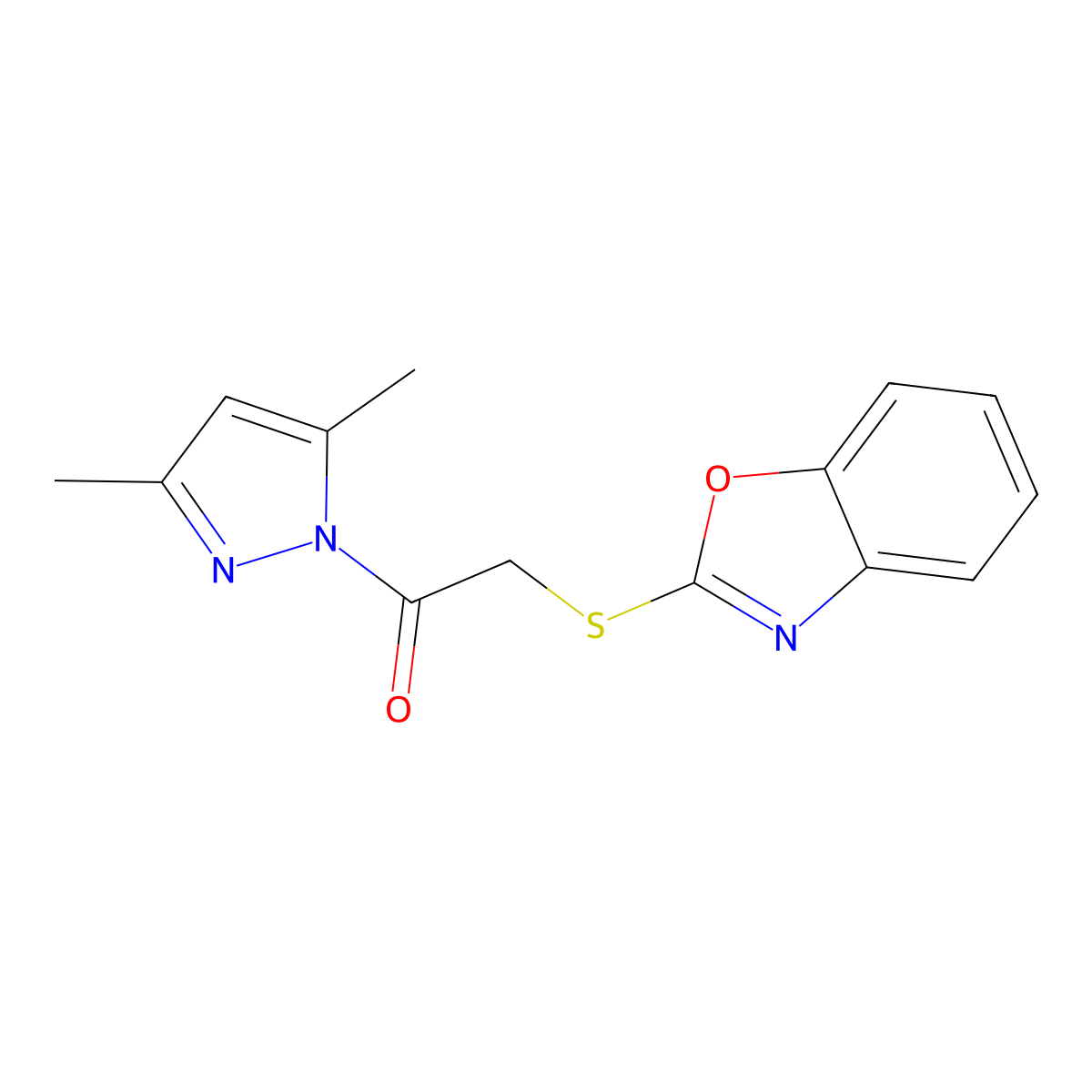 1H-Pyrazole, 1-[(2-benzoxazolylthio)acetyl]-3,5-dimethyl- molecular structure, CAS 113546-64-8