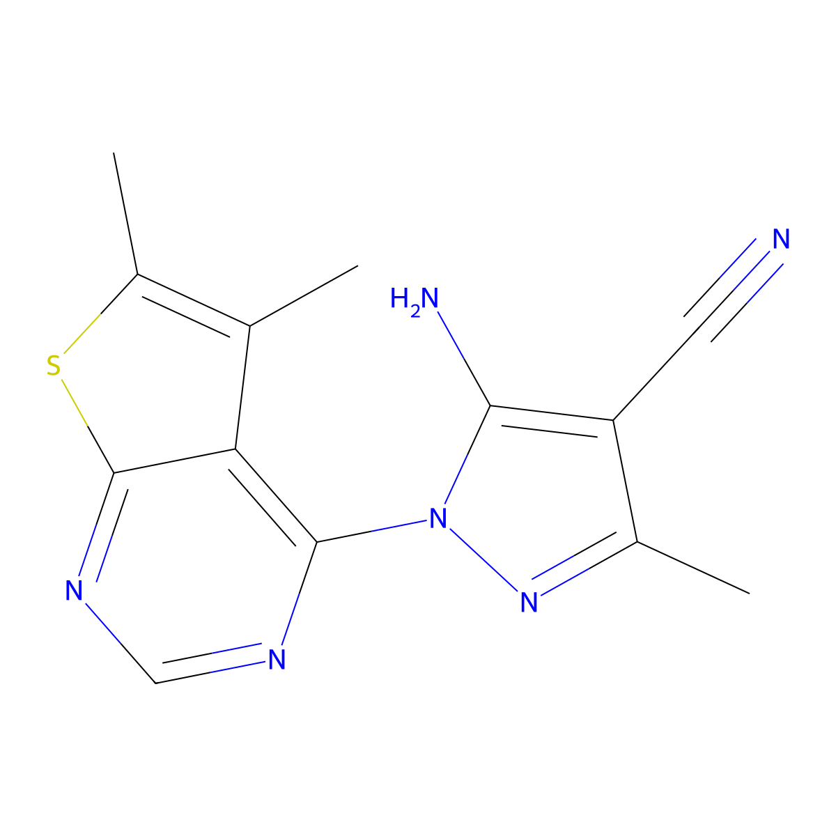 5-amino-1-(5,6-dimethylthieno[2,3-d]pyrimidin-4-yl)-3-methyl-1H-pyrazole-4-carbonitrile molecular structure, CAS 1135693-17-2