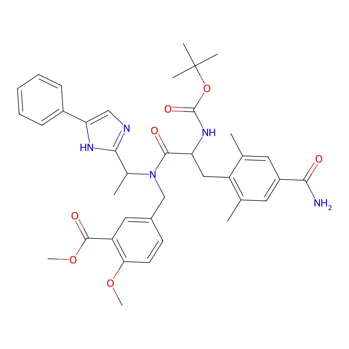 Benzoic acid, 5-[[[(2S)-3-[4-(aminocarbonyl)-2,6-dimethylphenyl]-2-[[(1,1-dimethylethoxy)carbonyl]amino]-1-oxopropyl][(1S)-1-(5-phenyl-1H-imidazol-2-yl)ethyl]amino]methyl]-2-methoxy-, methyl ester molecular structure, CAS 1137026-67-5