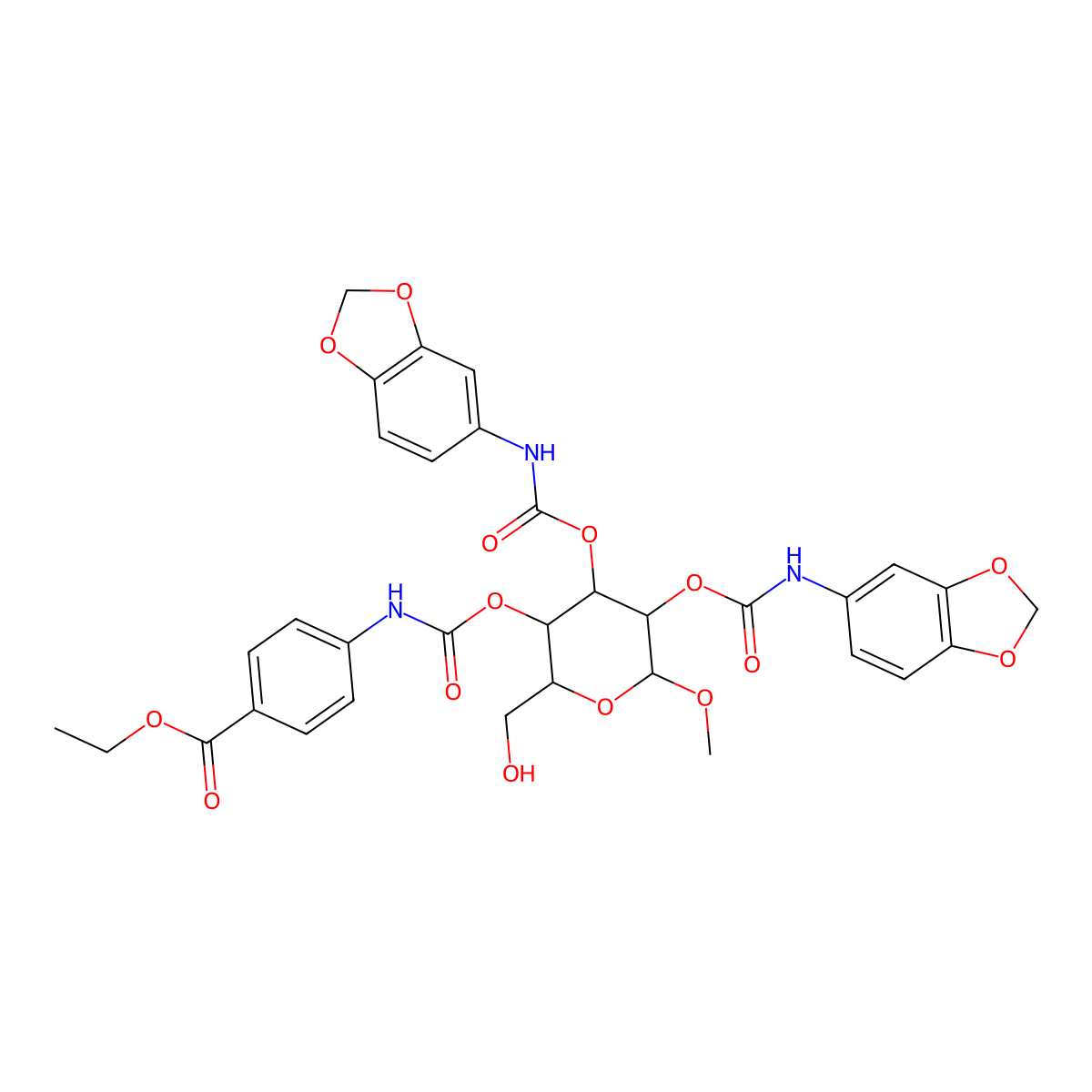Ethyl 4-(((((2R,3R,4S,5R,6S)-4,5-bis((benzo[d][1,3]dioxol-5-ylcarbamoyl)oxy)-2-(hydroxymethyl)-6-methoxytetrahydro-2H-pyran-3-yl)oxy)carbonyl)amino)benzoate molecular structure, CAS 1137359-47-7