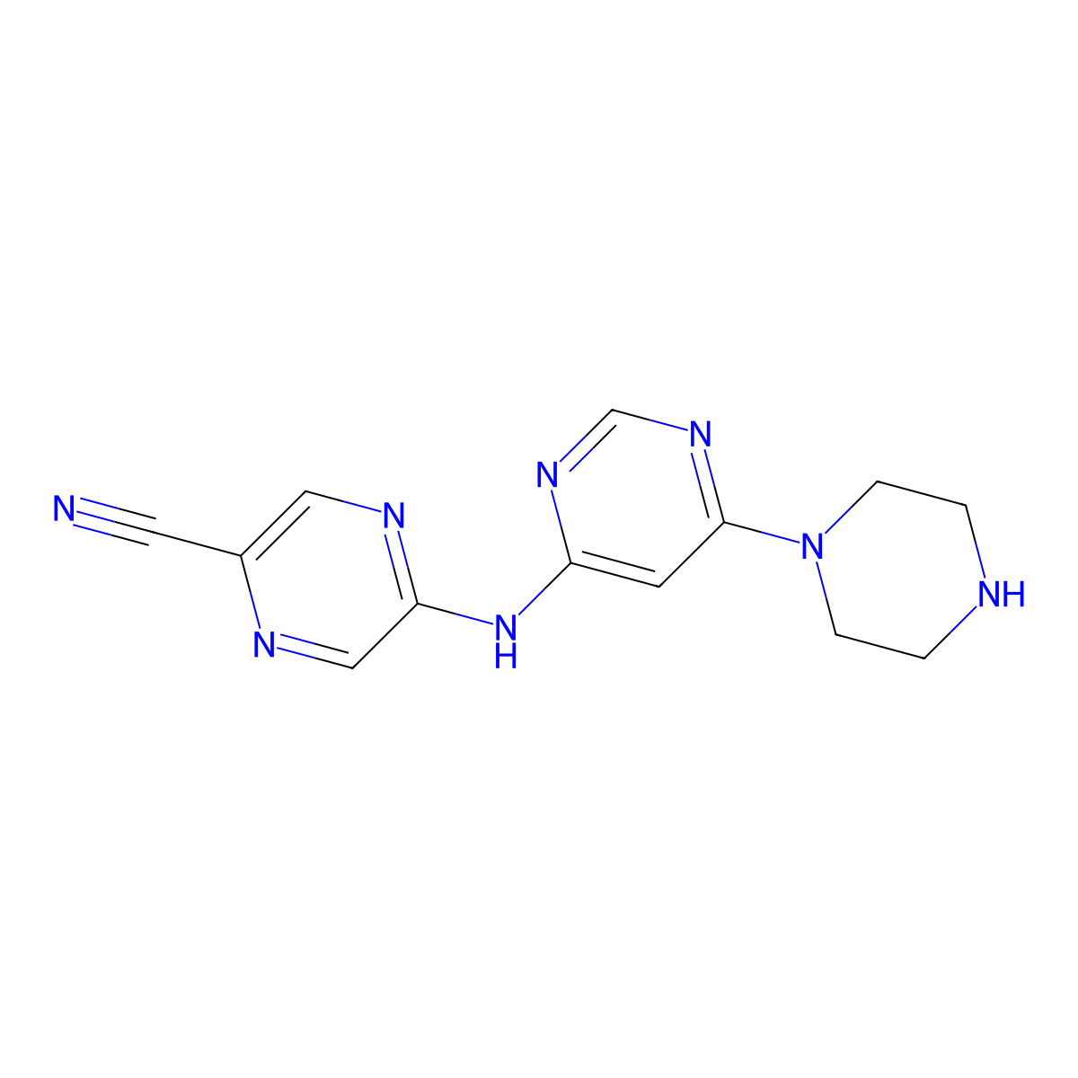 5-((6-(Piperazin-1-yl)pyrimidin-4-yl)amino)pyrazine-2-carbonitrile molecular structure, CAS 1137475-20-7