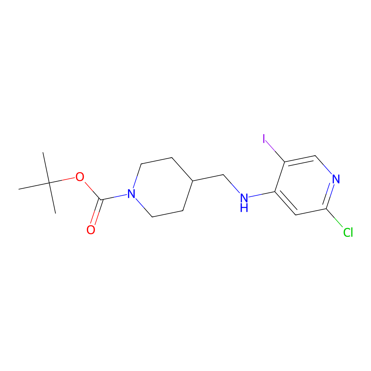 Tert-butyl 4-(((2-chloro-5-iodopyridin-4-yl)amino)methyl)piperidine-1-carboxylate molecular structure, CAS 1137477-86-1
