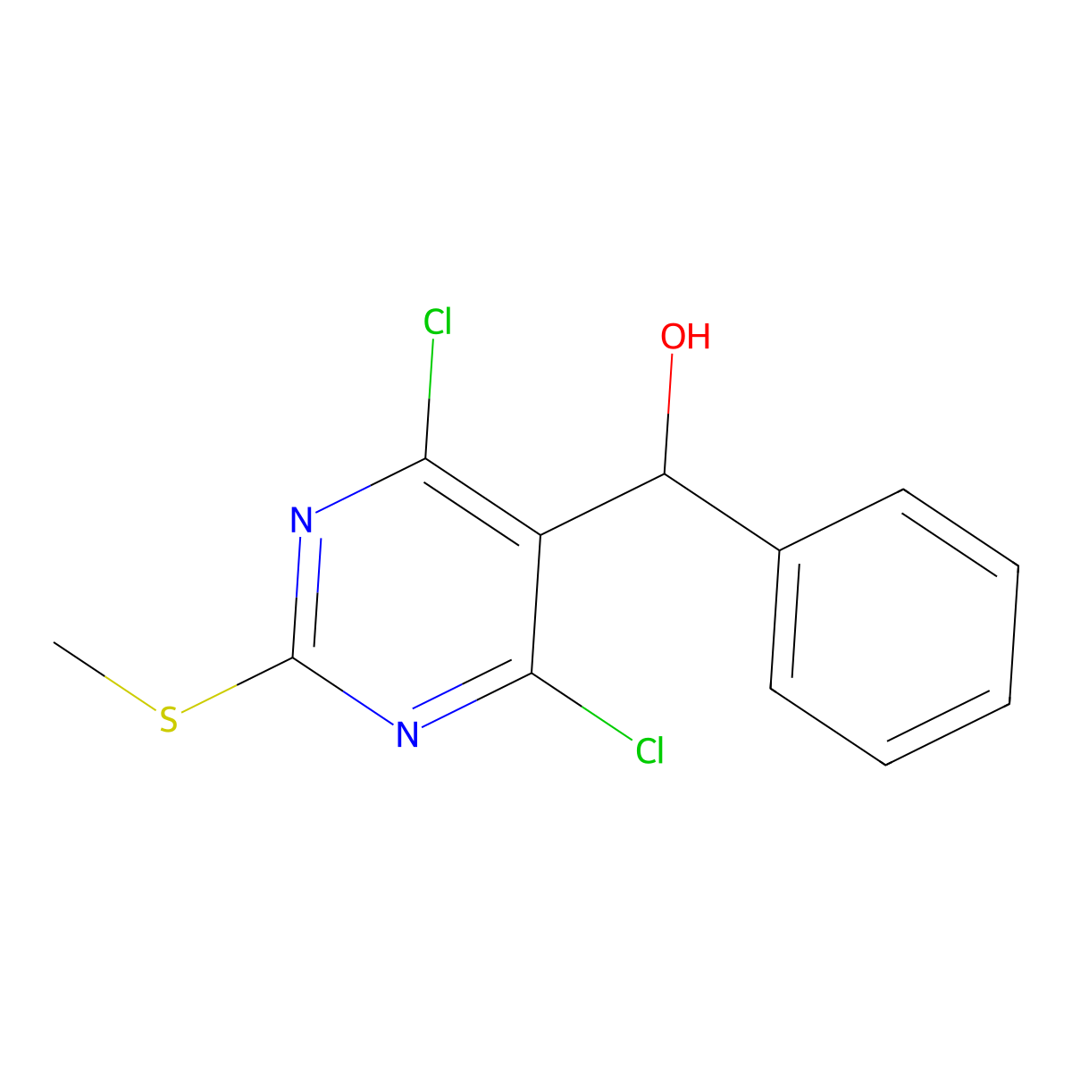 (4,6-Dichloro-2-(methylthio)pyrimidin-5-yl)(phenyl)methanol molecular structure, CAS 1137576-47-6