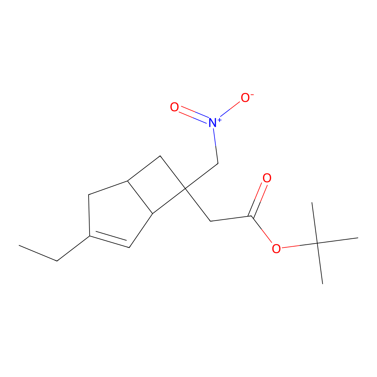 tert-butyl 2-((1R,5S,6S)-3-ethyl-6-(nitromethyl)bicyclo[3.2.0]hept-3-en-6-yl)acetate molecular structure, CAS 1138246-18-0