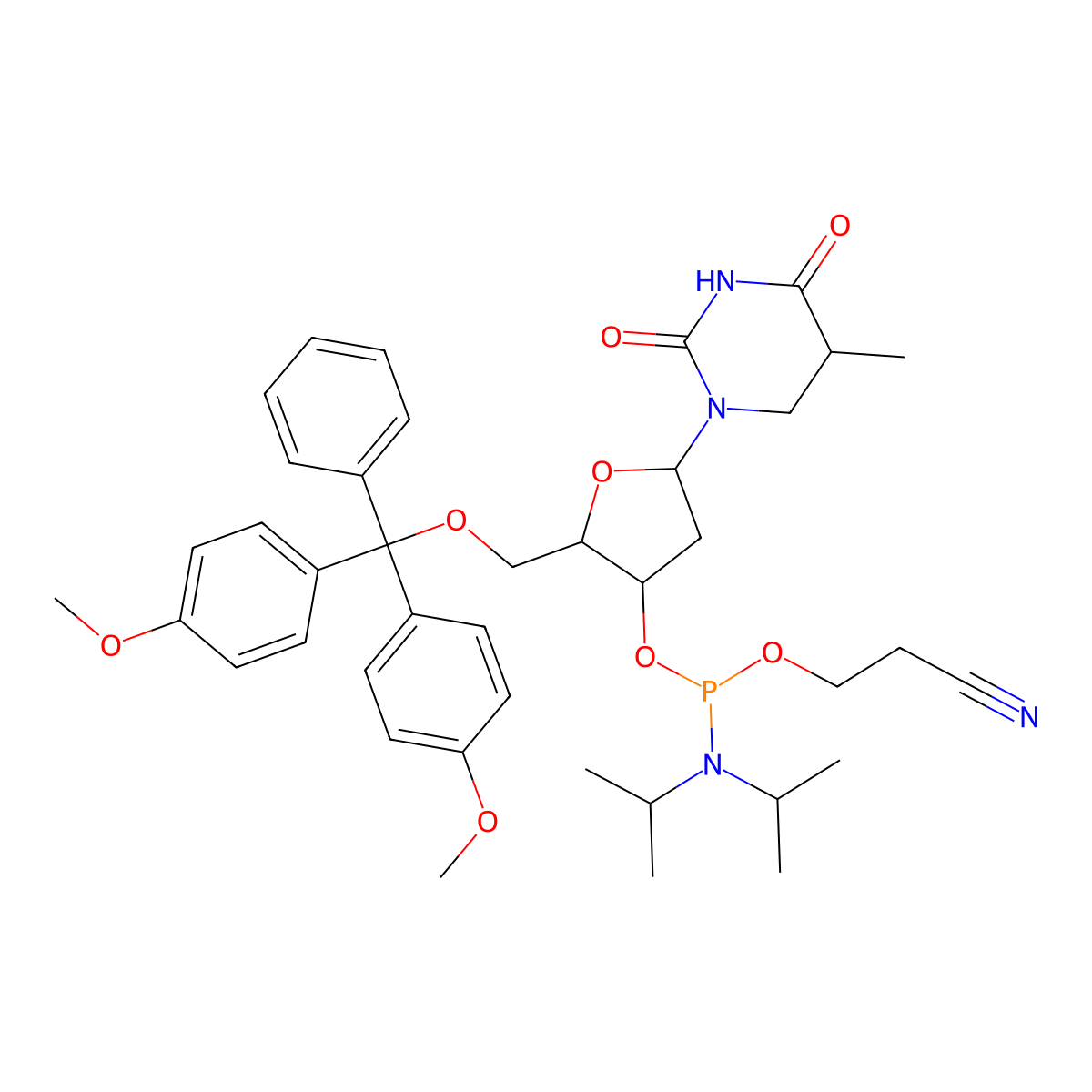 3-[[(2R,3S,5R)-2-[[Bis(4-methoxyphenyl)-phenylmethoxy]methyl]-5-(5-methyl-2,4-dioxo-1,3-diazinan-1-yl)oxolan-3-yl]oxy-[di(propan-2-yl)amino]phosphanyl]oxypropanenitrile molecular structure, CAS 113901-09-0