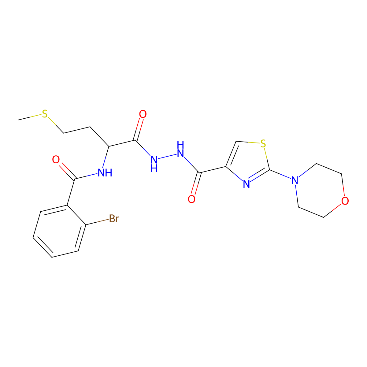 2-Bromo-N-[3-(methylsulfanyl)-1-{N'-[2-(morpholin-4-YL)-1,3-thiazole-4-carbonyl]hydrazinecarbonyl}propyl]benzamide molecular structure, CAS 1139885-23-6