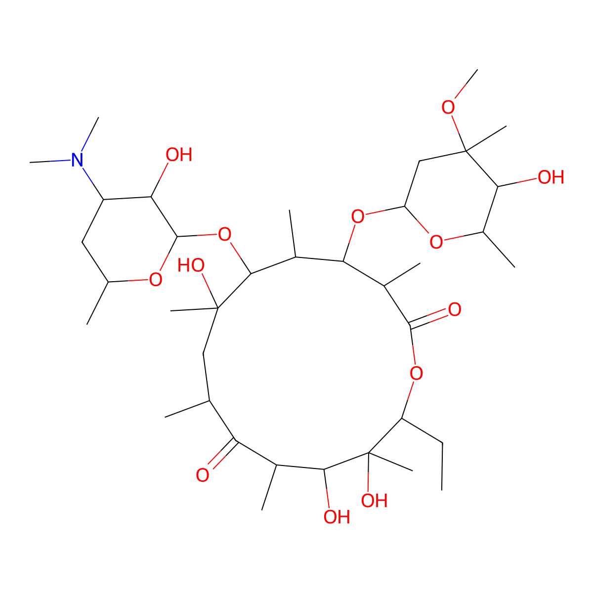Erythromycin molecular structure, CAS 114-07-8