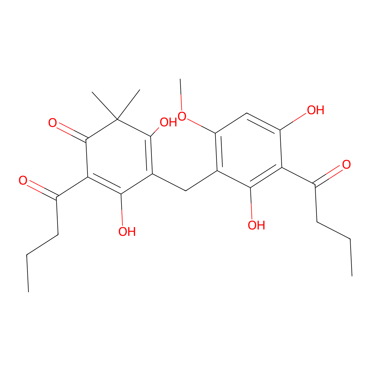 2-Butanoyl-4-((3-butanoyl-2,4-dihydroxy-6-methoxyphenyl)methyl)-3,5-dihydroxy-6,6-dimethylcyclohexa-2,4-dien-1-one molecular structure, CAS 114-43-2