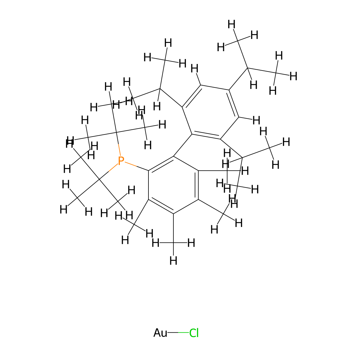Chloro(2-di-tert-butylphosphino-3,4,5,6-tetramethyl-2',4',6'-triisopropylbiphenyl)gold(I) , Me4-tert-butyl XPhos AuCl molecular structure, CAS 1140907-91-0