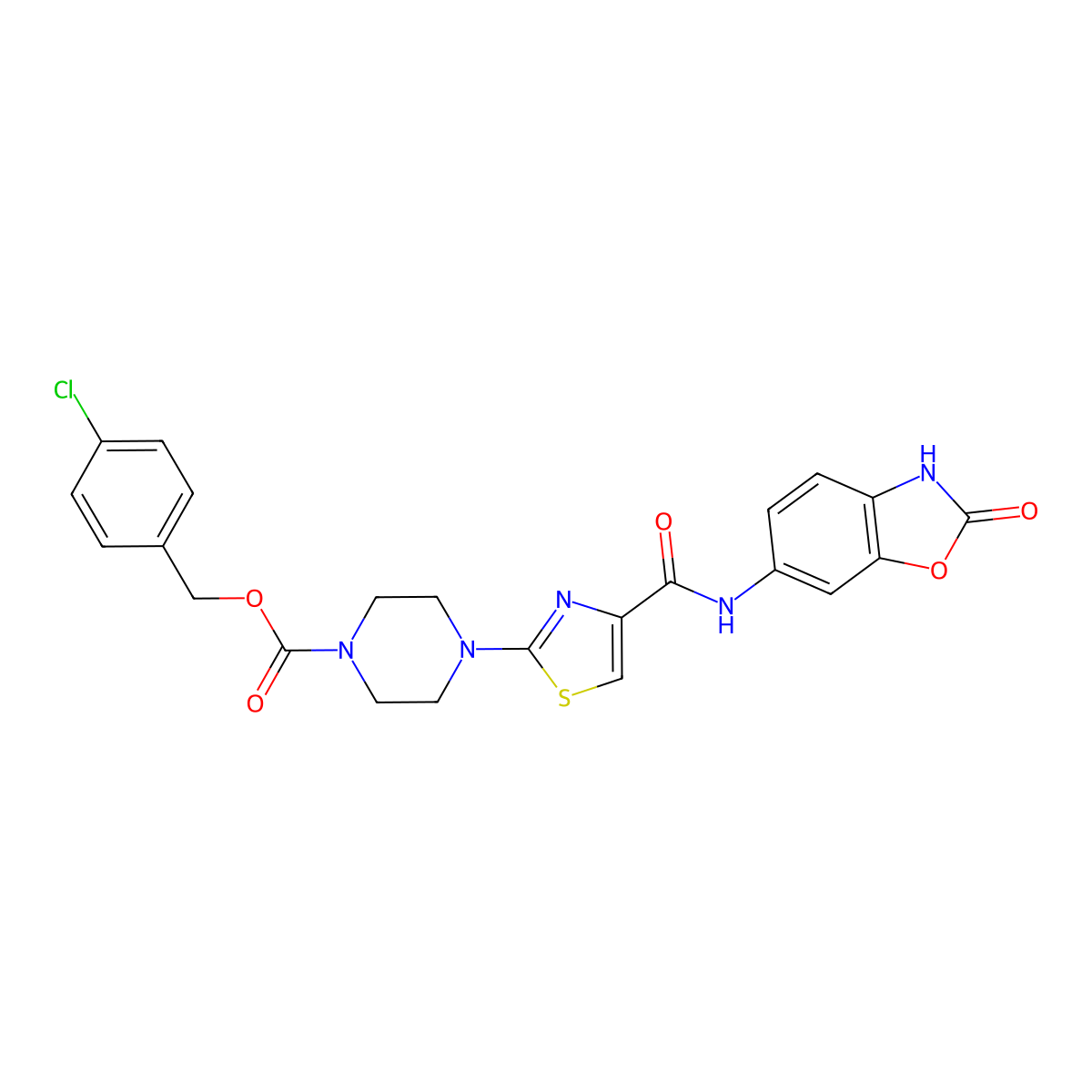 4-Chlorobenzyl 4-(4-((2-oxo-2,3-dihydrobenzo[d]oxazol-6-yl)carbamoyl)thiazol-2-yl)piperazine-1-carboxylate molecular structure, CAS 1141394-87-7