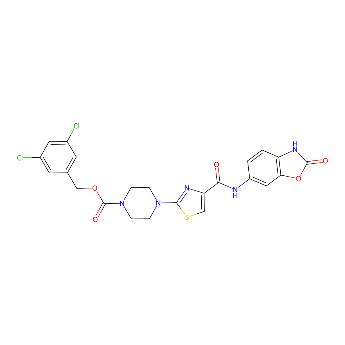 3,5-Dichlorobenzyl 4-(4-((2-oxo-2,3-dihydrobenzo[d]oxazol-6-yl)carbamoyl)thiazol-2-yl)piperazine-1-carboxylate molecular structure, CAS 1141395-04-1