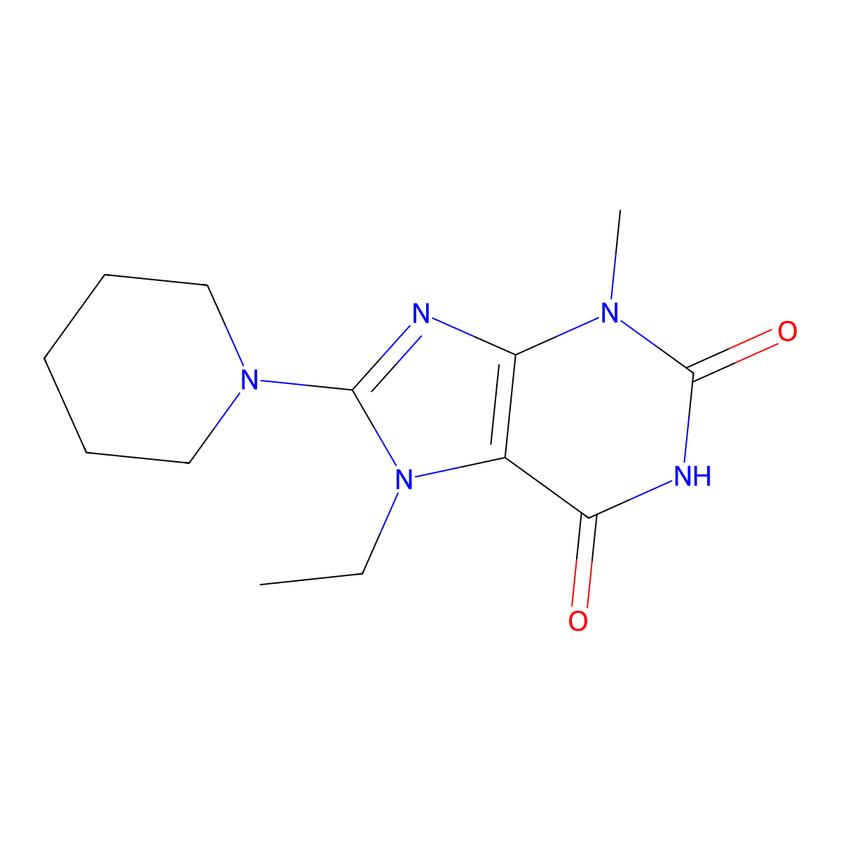 1H-Purine-2,6-dione, 7-ethyl-3,7-dihydro-3-methyl-8-(1-piperidinyl)- molecular structure, CAS 114145-18-5